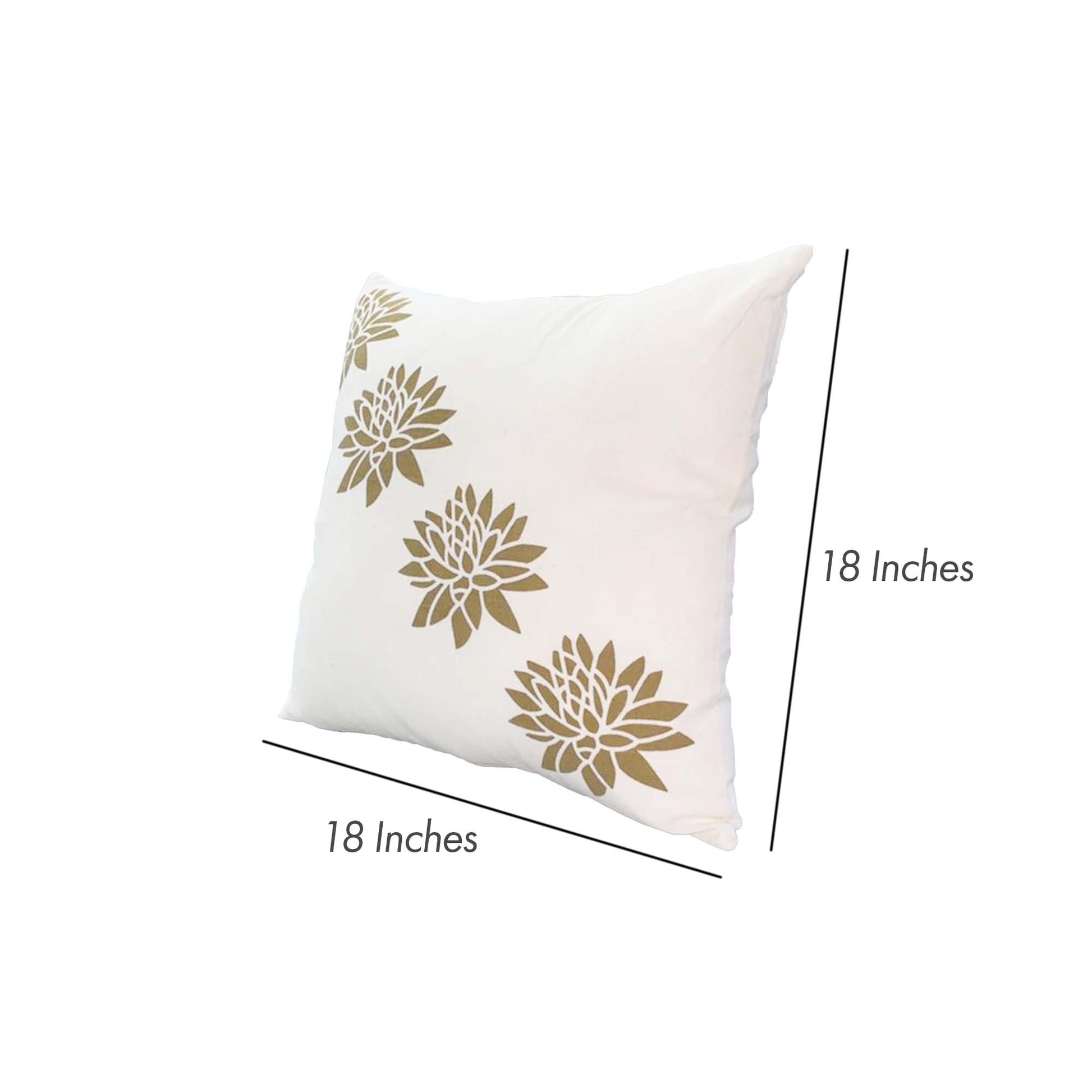 18 X 18 Square Accent Pillow, Soft Cotton Cover, Printed Lotus Flower, Polyester Filler, Gold, White White Cotton