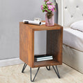 22 Inch Textured Cube Shape Wooden Nightstand With Angular Legs, Brown And Black Brown Solid Wood