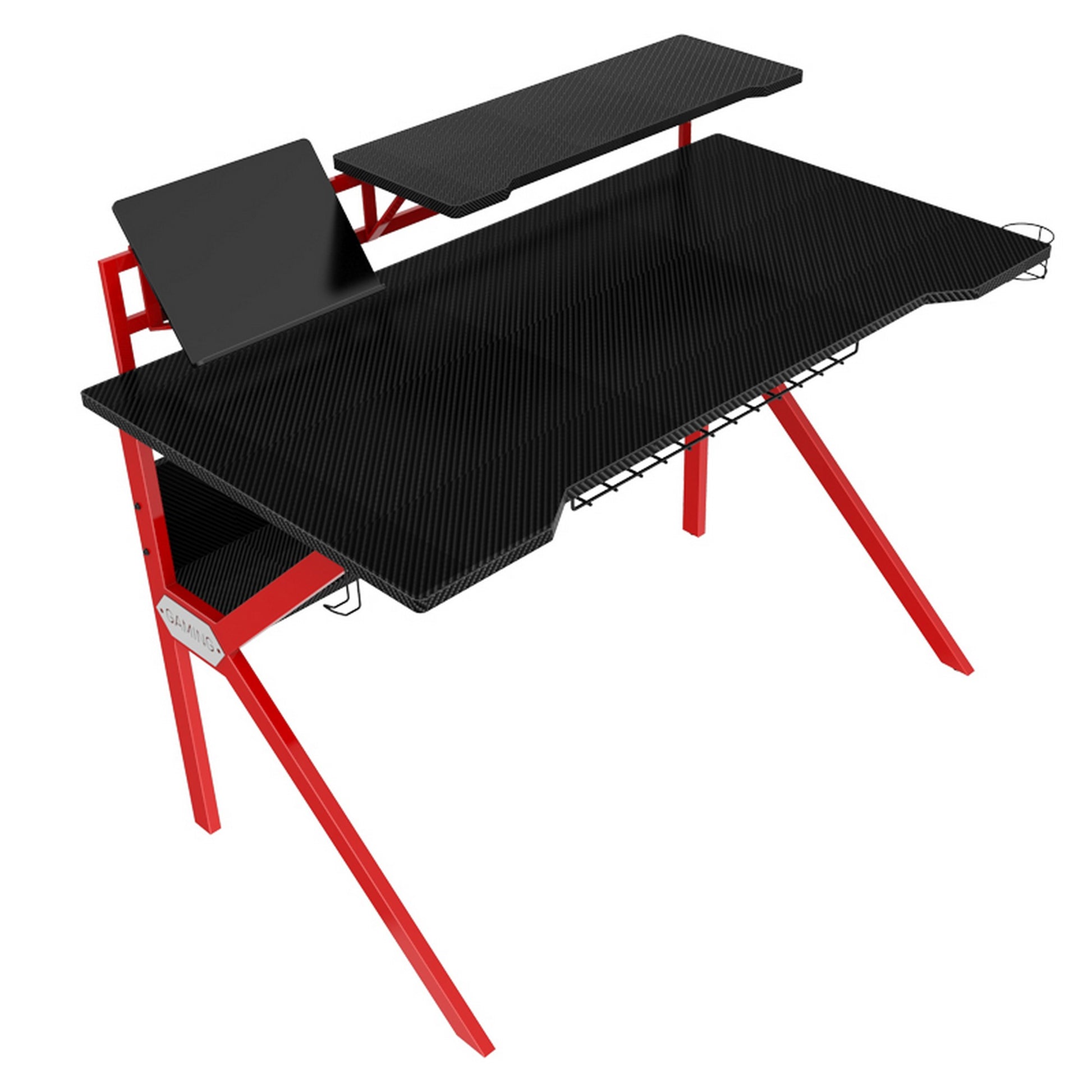 Pvc Coated Ergonomic Metal Frame Gaming Desk, Black And Red Black Solid Wood