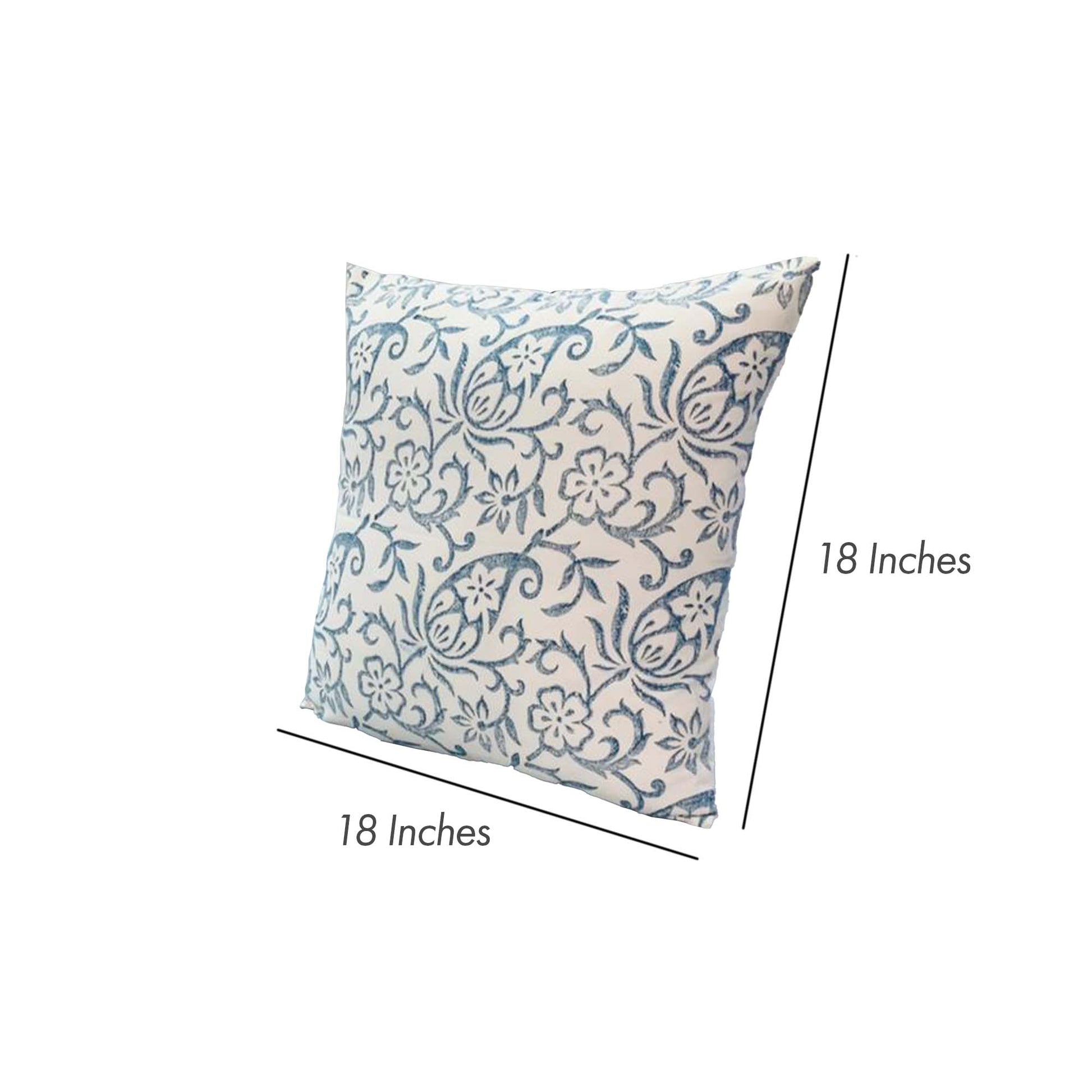 18 X 18 Square Accent Pillow, Paisley Floral Pattern, Soft Cotton Cover, Soft Polyester Filling, Blue, White White Cotton