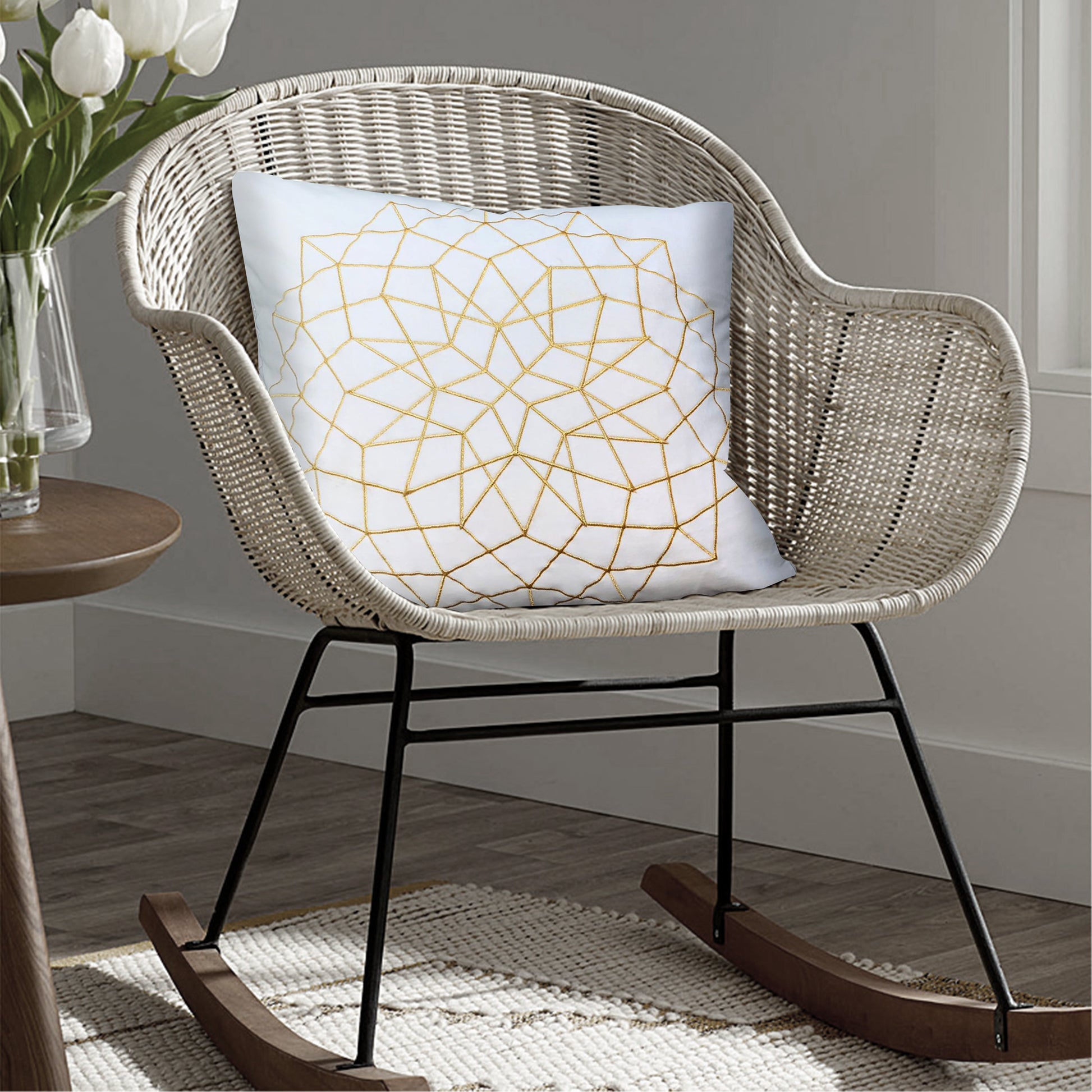 Hugo 20 X 20 Square Accent Throw Pillow, Embroidered Geometric Abstract Pattern, With Filler, White, Gold White Cotton