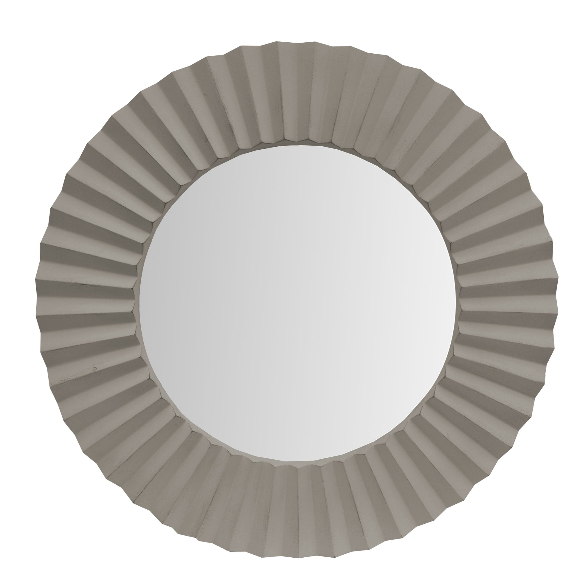 32 Inch Round Beveled Floating Wall Mirror With Corrugated Design Wooden Frame, Gray Gray Solid Wood