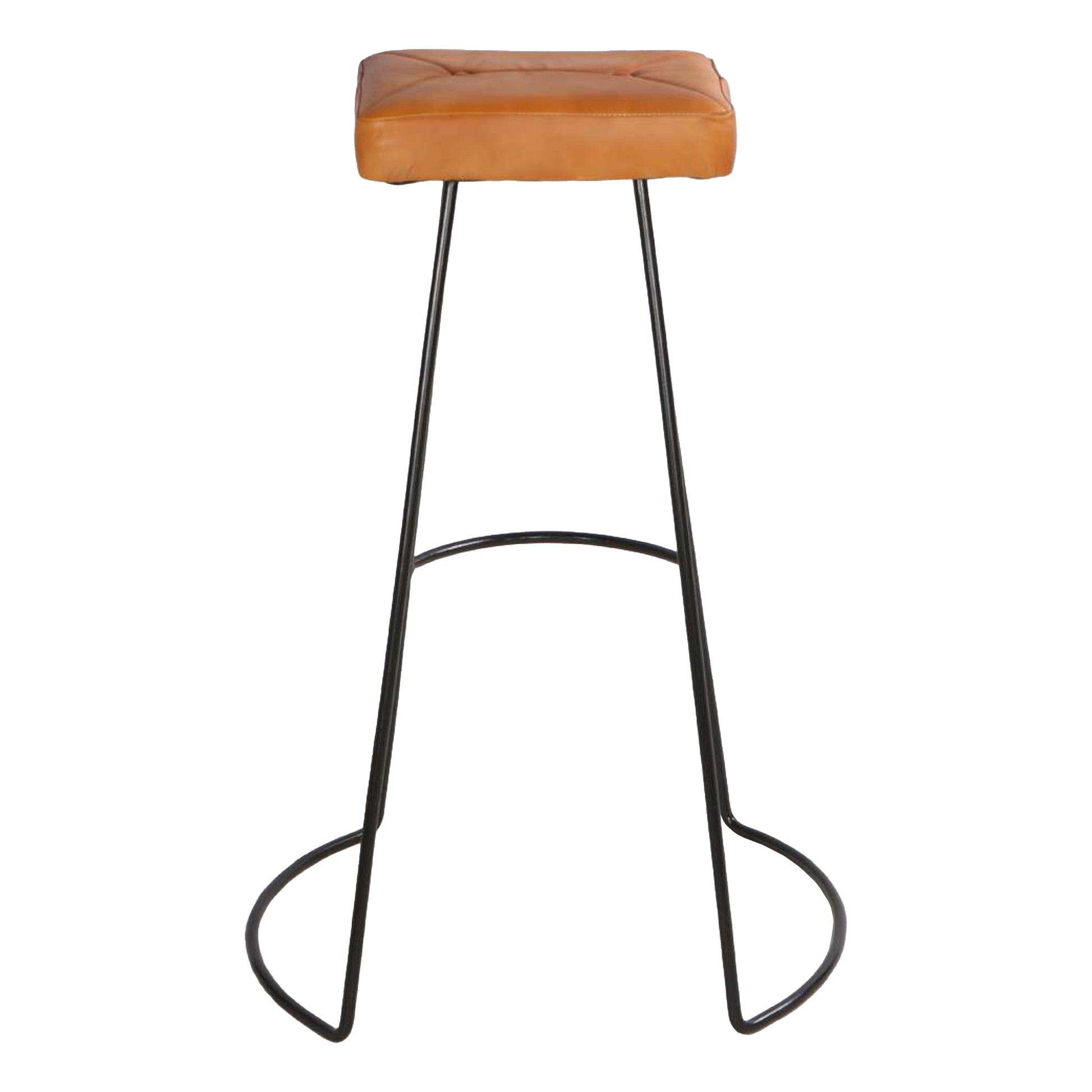 32 Inch Modern Bar Stool, Genuine Leather Seat, Metal Frame, Button Tufted, Tan Brown, Black Brown Iron