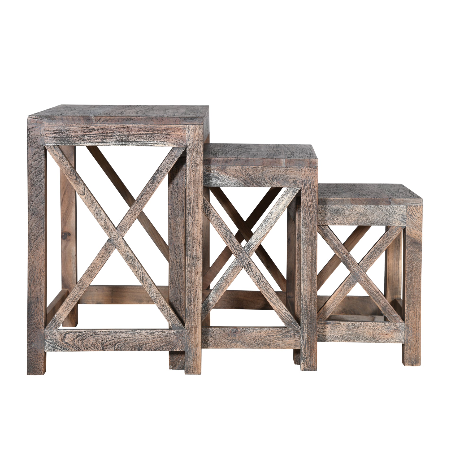 3 Piece Handcrafted Farmhouse Mango Wood Nesting Tables, Crossed Panels, Rustic Brown Brown Solid Wood