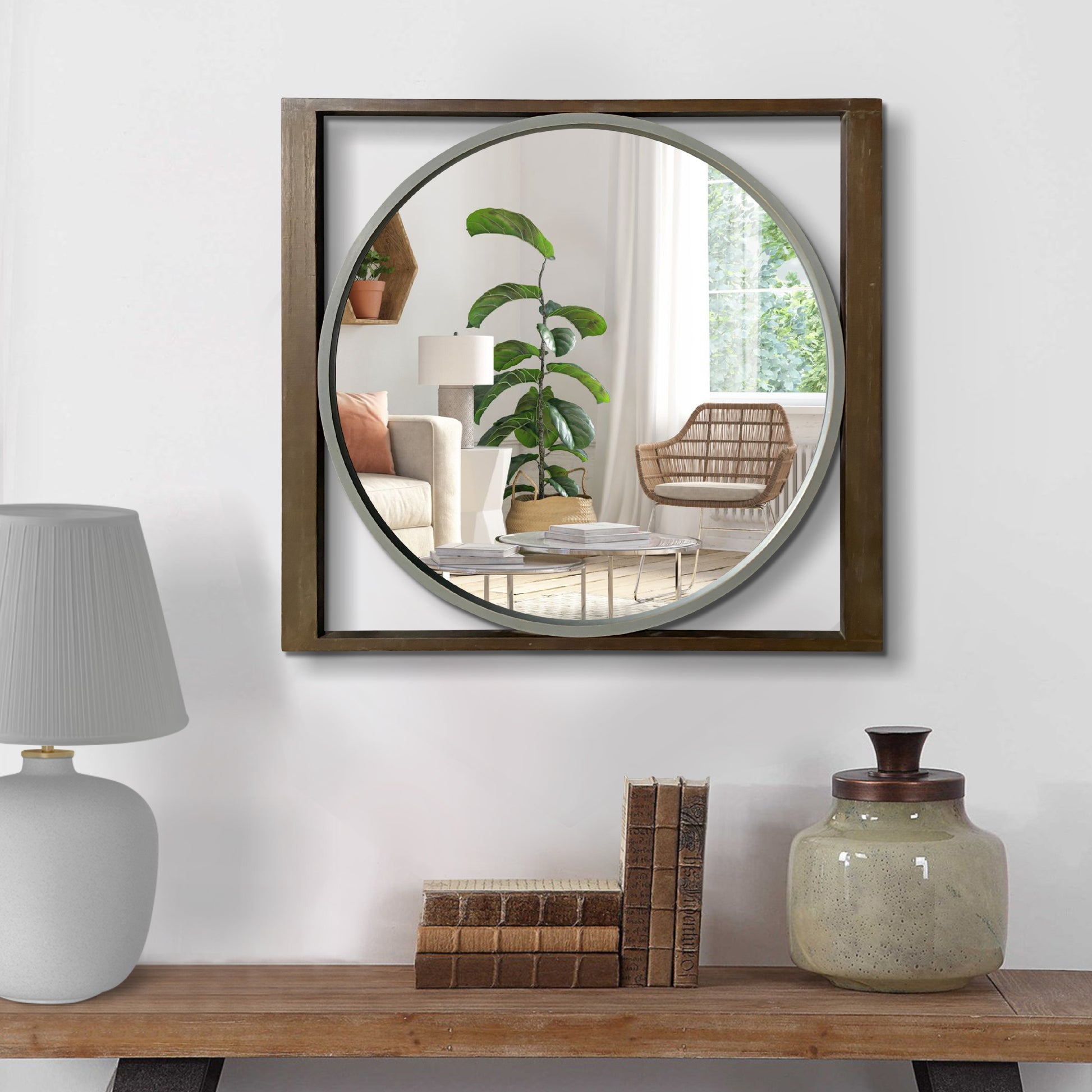 Round Wall Mirror With Rectangular Wooden Frame, Brown Brown Solid Wood