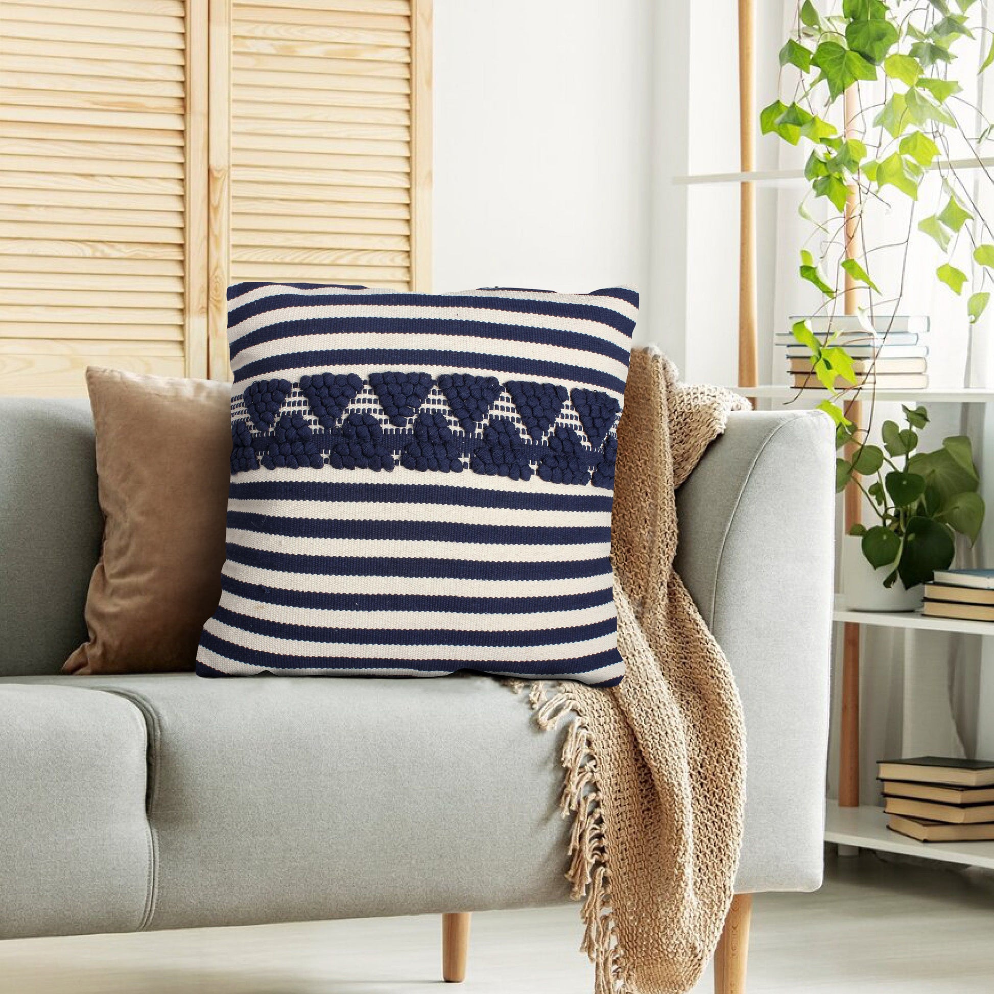 18 X 18 Handwoven Square Cotton Accent Throw Pillow, Classic Striped Pattern, Textured, White, Blue White Cotton