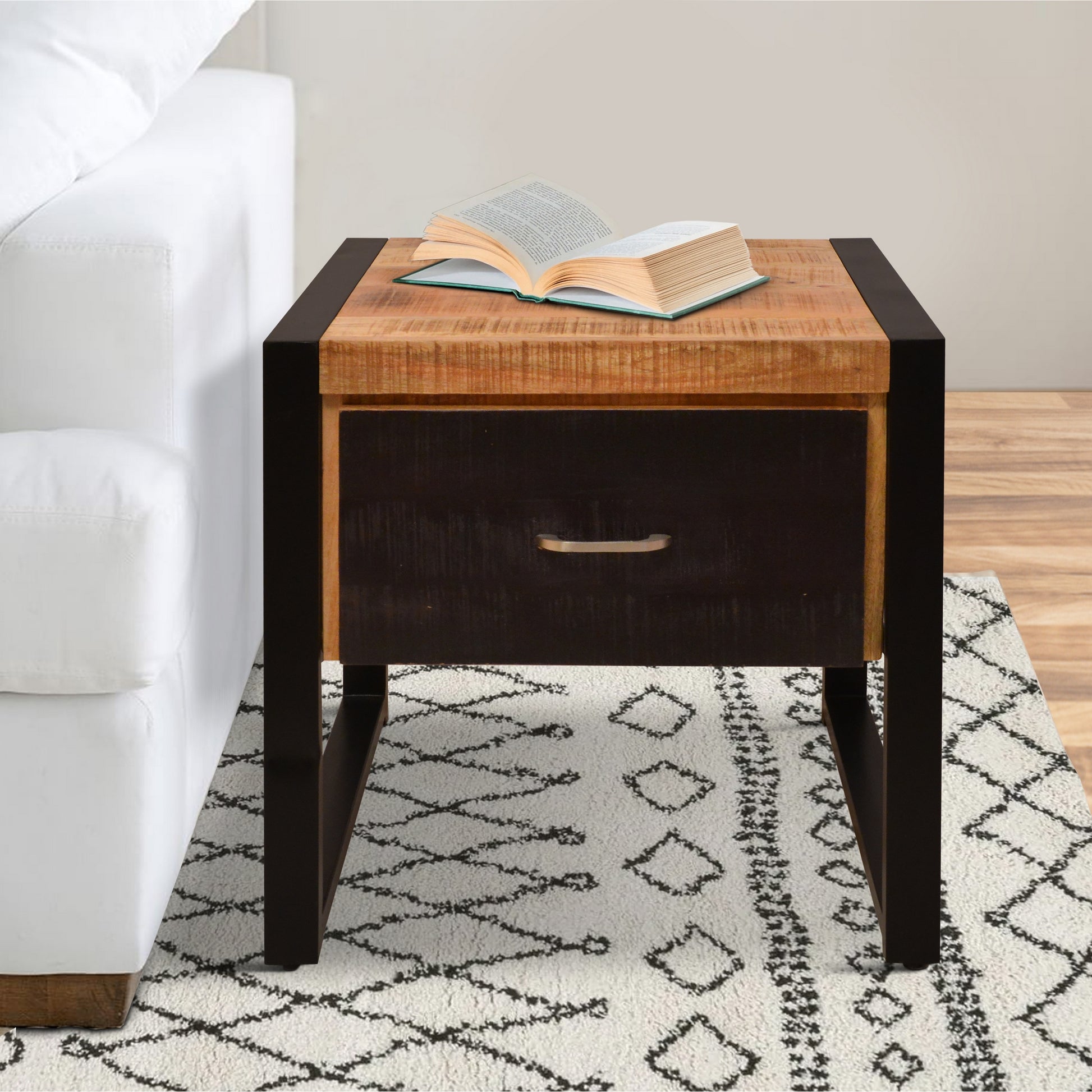 24 Inch Single Drawer Mango Wood Bedside Table, Iron Sled Style Base, Brown, Black Brown Solid Wood