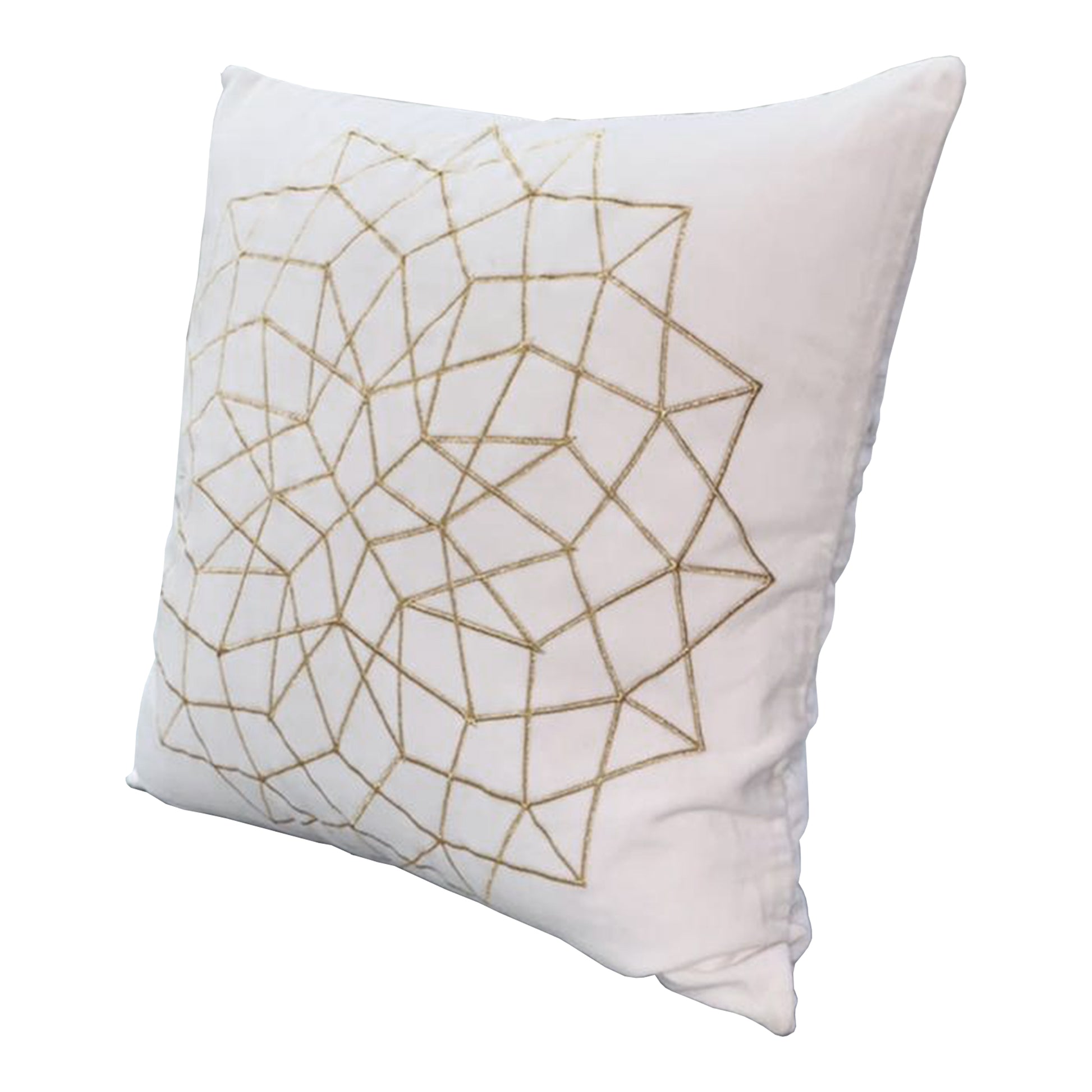 Hugo 20 X 20 Square Accent Throw Pillow, Embroidered Geometric Abstract Pattern, With Filler, White, Gold White Cotton