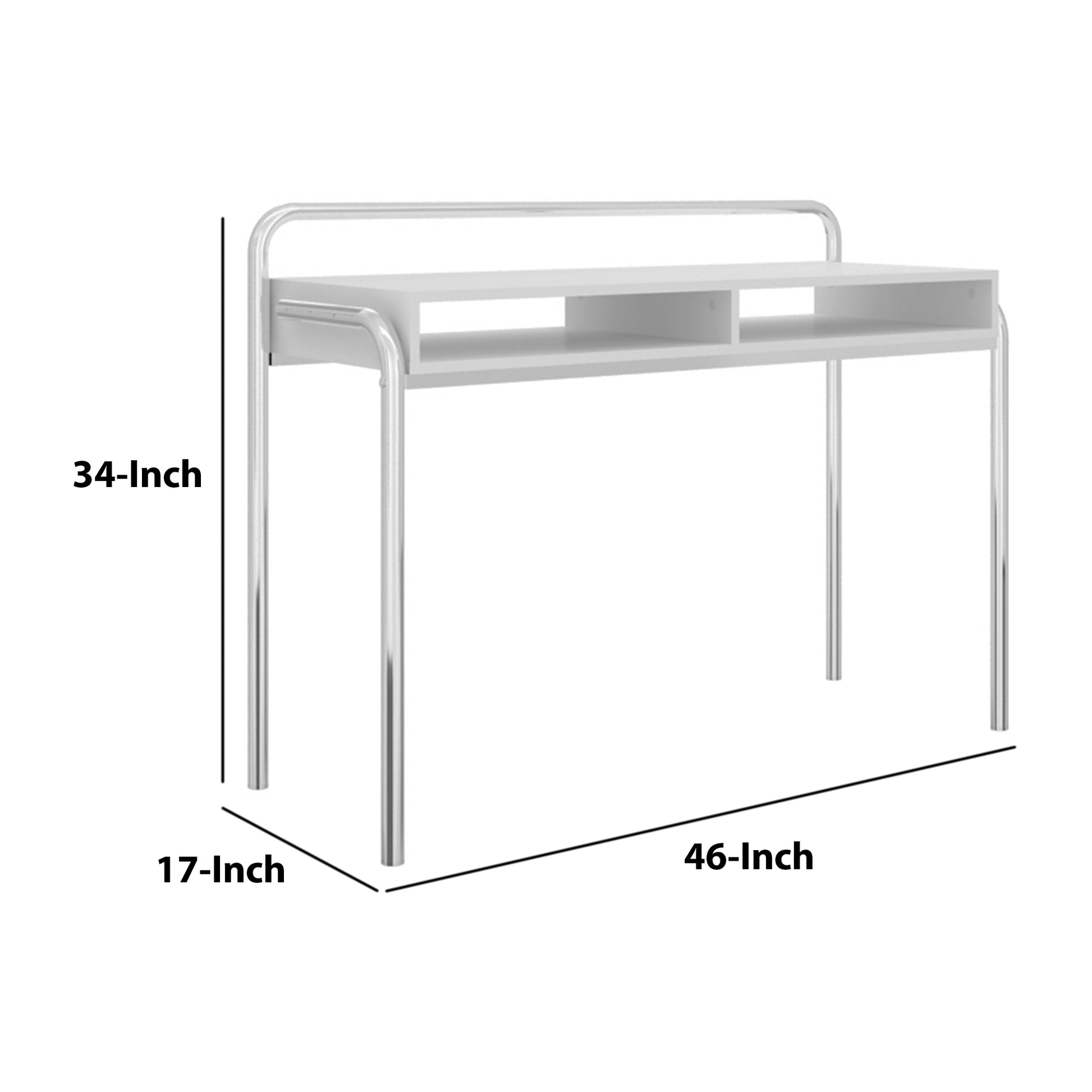 Office Desk With 2 Compartments And Tubular Metal Frame, White And Chrome White Metal