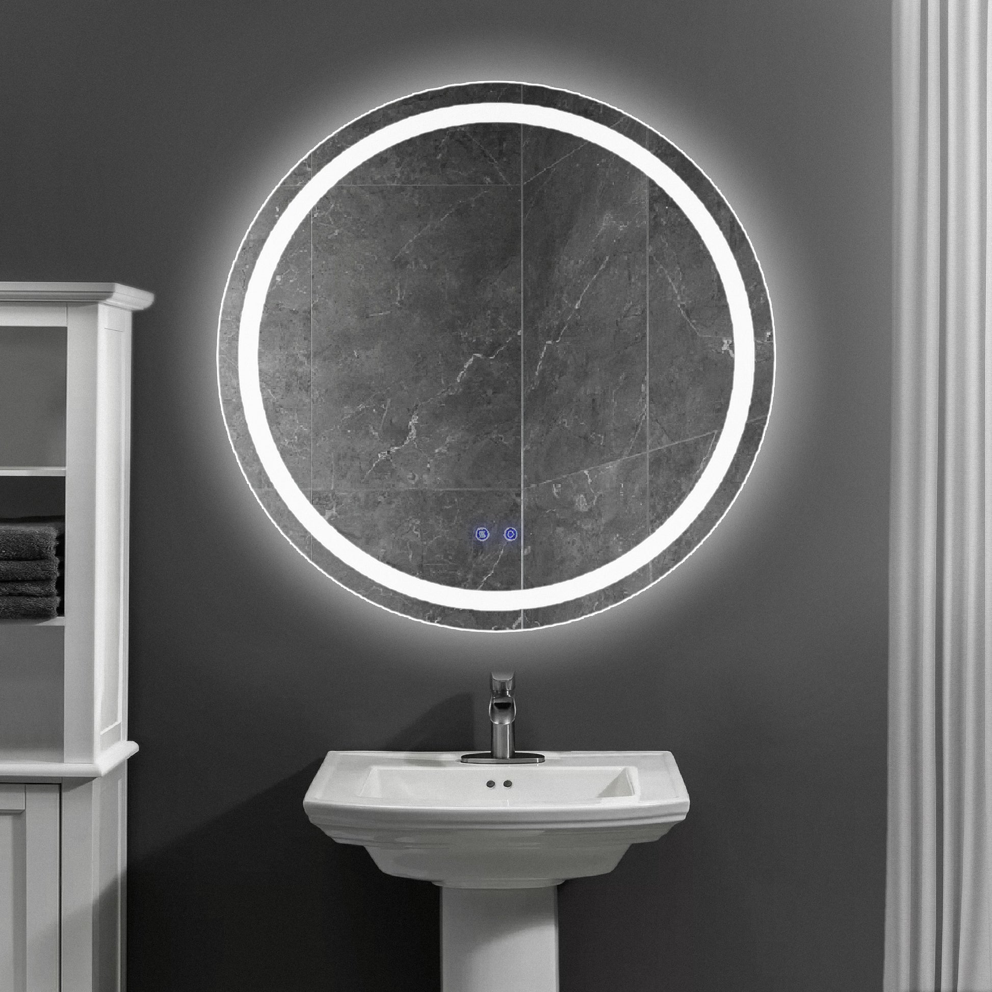 32 X 32 Inch Round Frameless Led Illuminated Bathroom Mirror, Touch Button Defogger, Metal, Frosted Edges, Silver Silver Aluminum