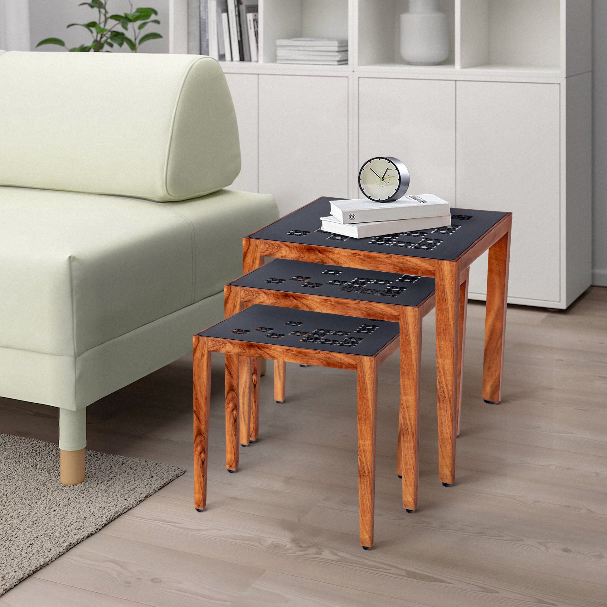 Alba 22 Inch 3 Piece Nesting Table Set, Laser Cut Metal, Black, Brown Black Solid Wood