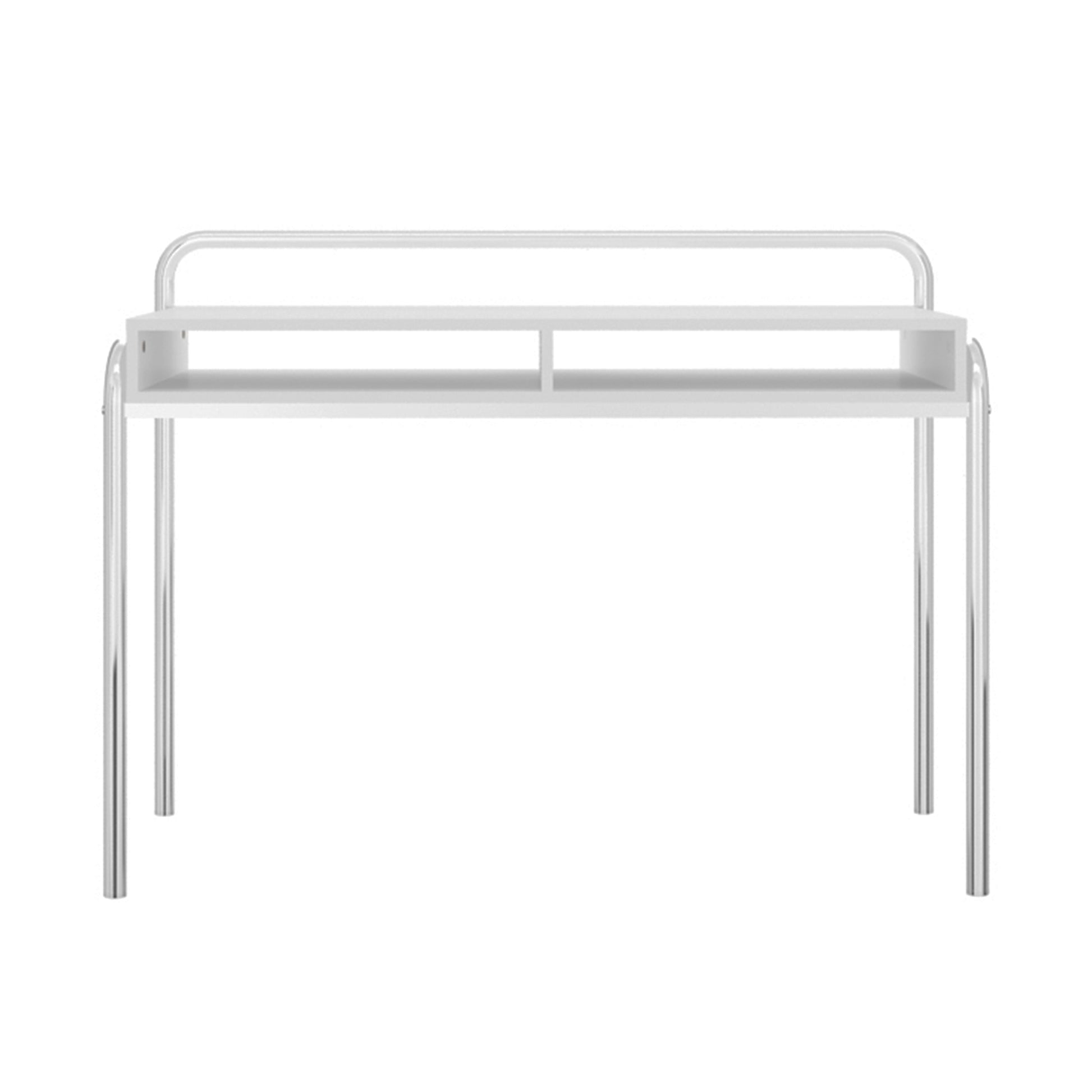 Office Desk With 2 Compartments And Tubular Metal Frame, White And Chrome White Metal