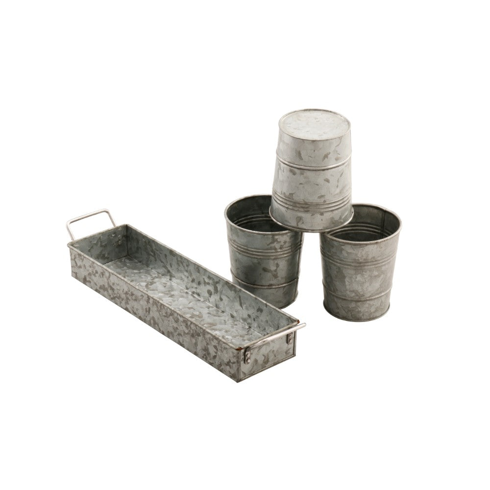 Galvanized Set Of Three Planters With Tray, Gray Gray Metal