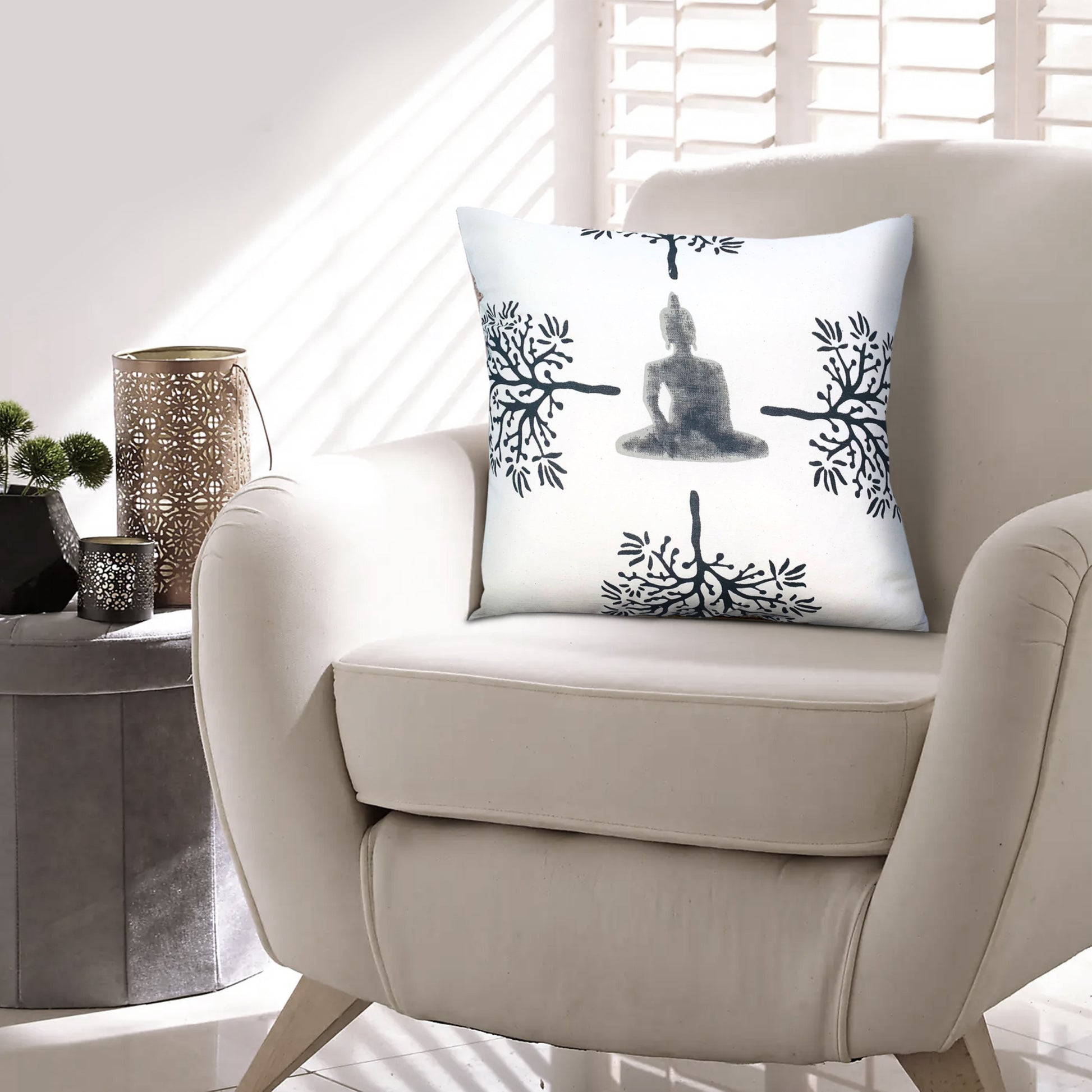 18 X 18 Square Accent Throw Pillow, Meditating Buddha, Soft Polyester Filling, Gray, White White Cotton