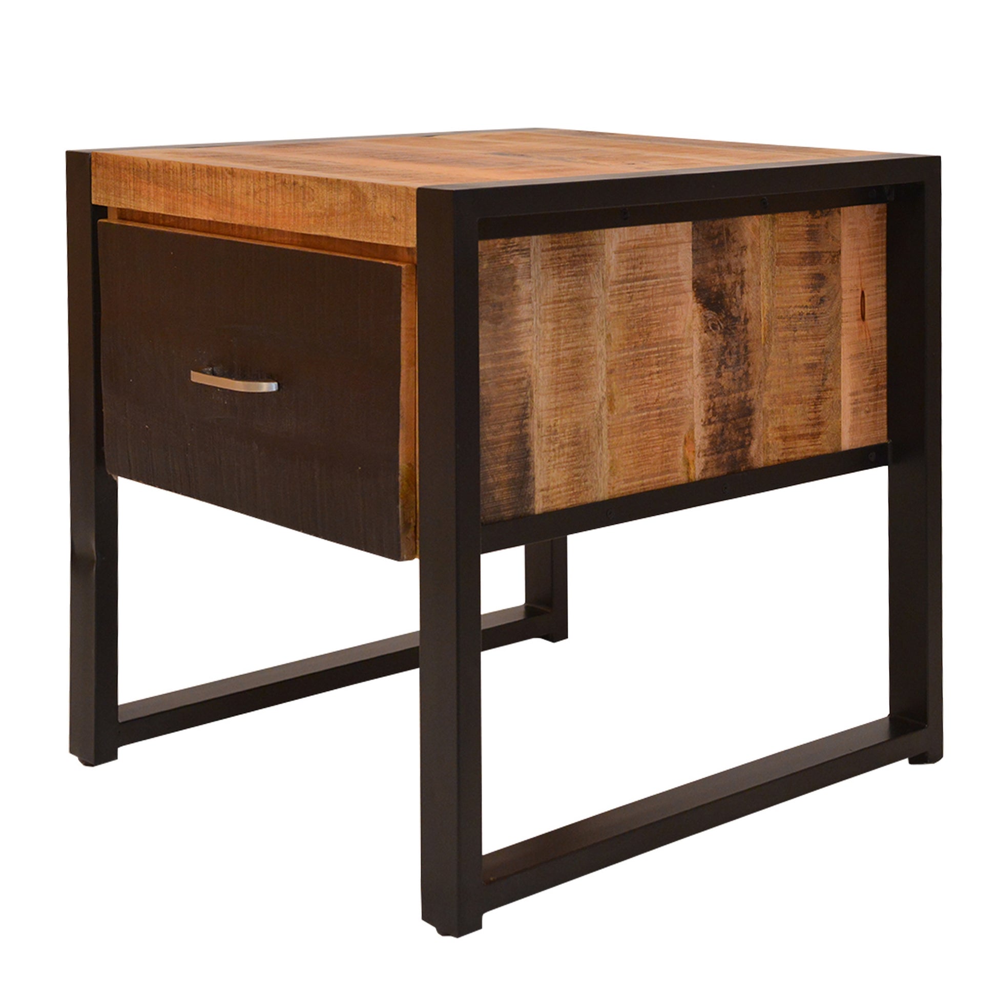 24 Inch Single Drawer Mango Wood Bedside Table, Iron Sled Style Base, Brown, Black Brown Solid Wood