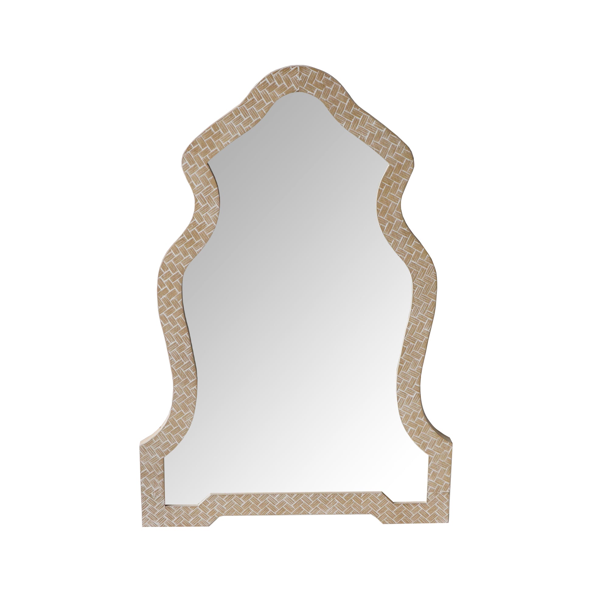 Soped Top Wooden Framed Wall Mirror With Geometric Texture, Brown Brown Mdf