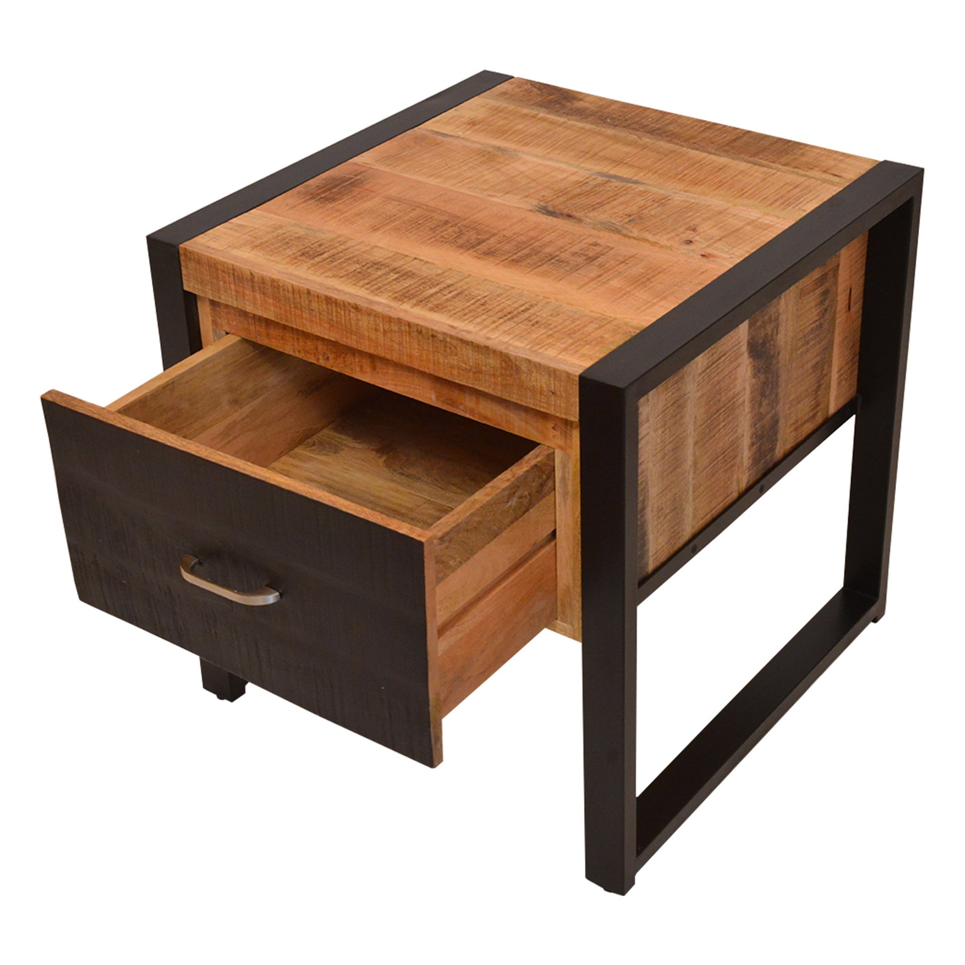 24 Inch Single Drawer Mango Wood Bedside Table, Iron Sled Style Base, Brown, Black Brown Solid Wood