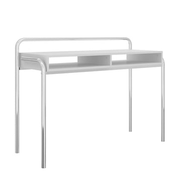 Office Desk With 2 Compartments And Tubular Metal Frame, White And Chrome White Metal