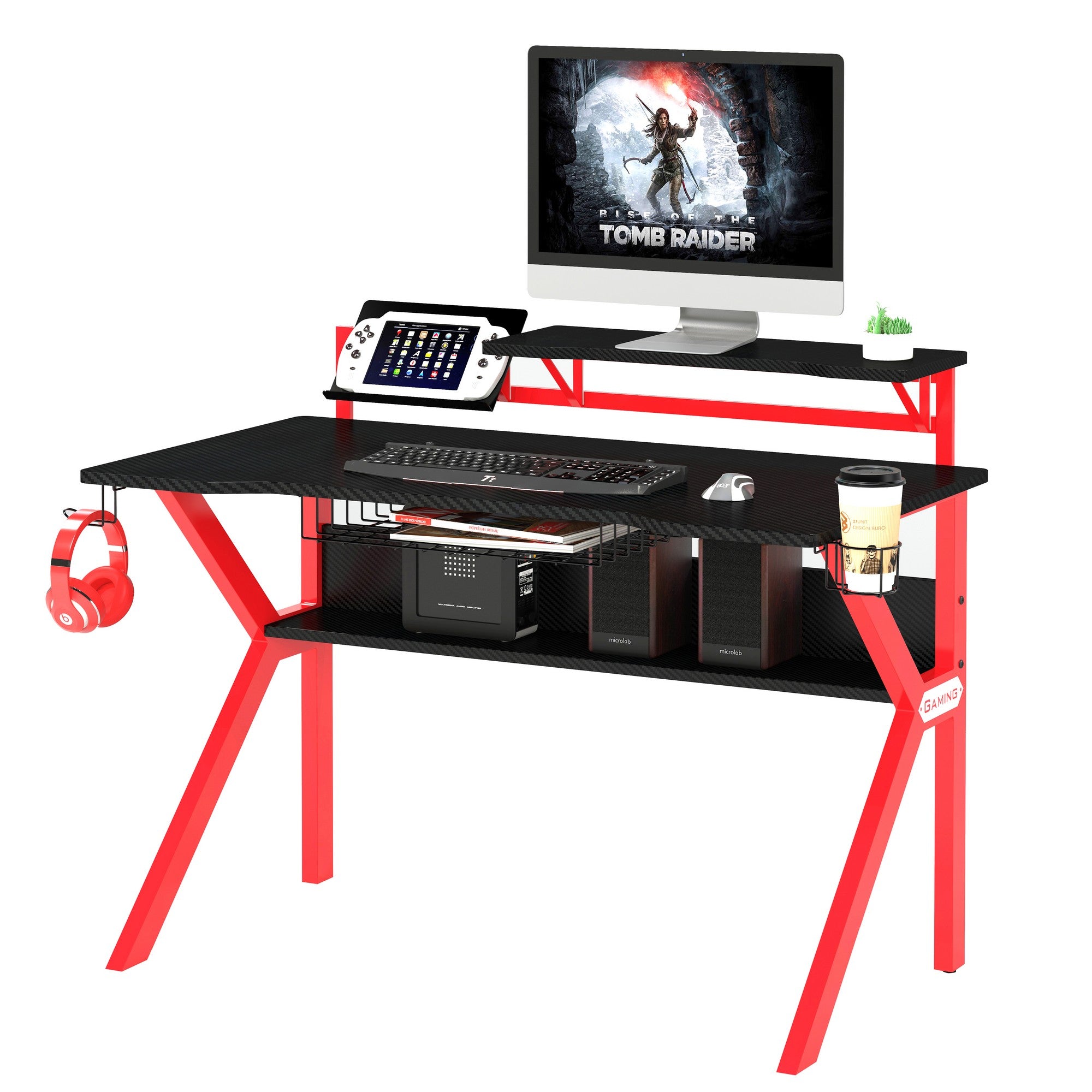 Solid Gaming Computer Desk Pvc Coated Ergonomic Metal Frame Gaming Desk, Black And Red Black Soli