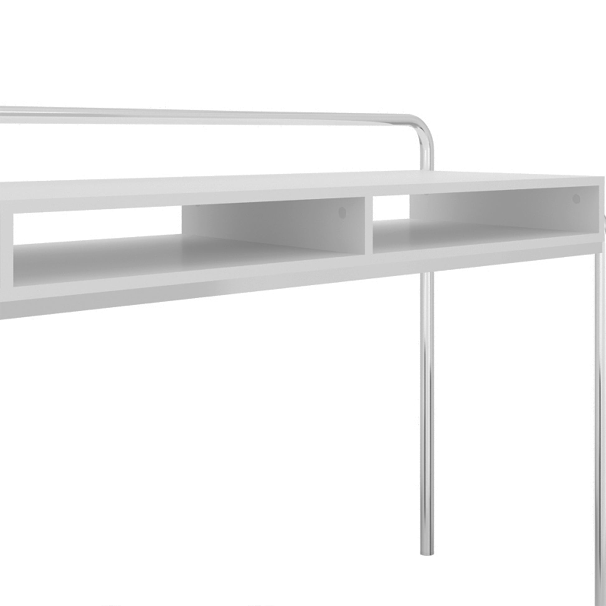 Office Desk With 2 Compartments And Tubular Metal Frame, White And Chrome White Metal