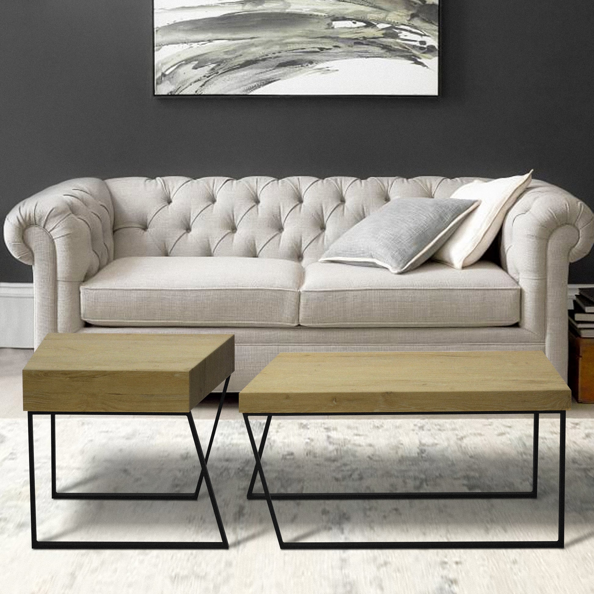 Rectangular Wooden Coffee Table With Metal Frame, Oak Brown And Black Brown Solid Wood