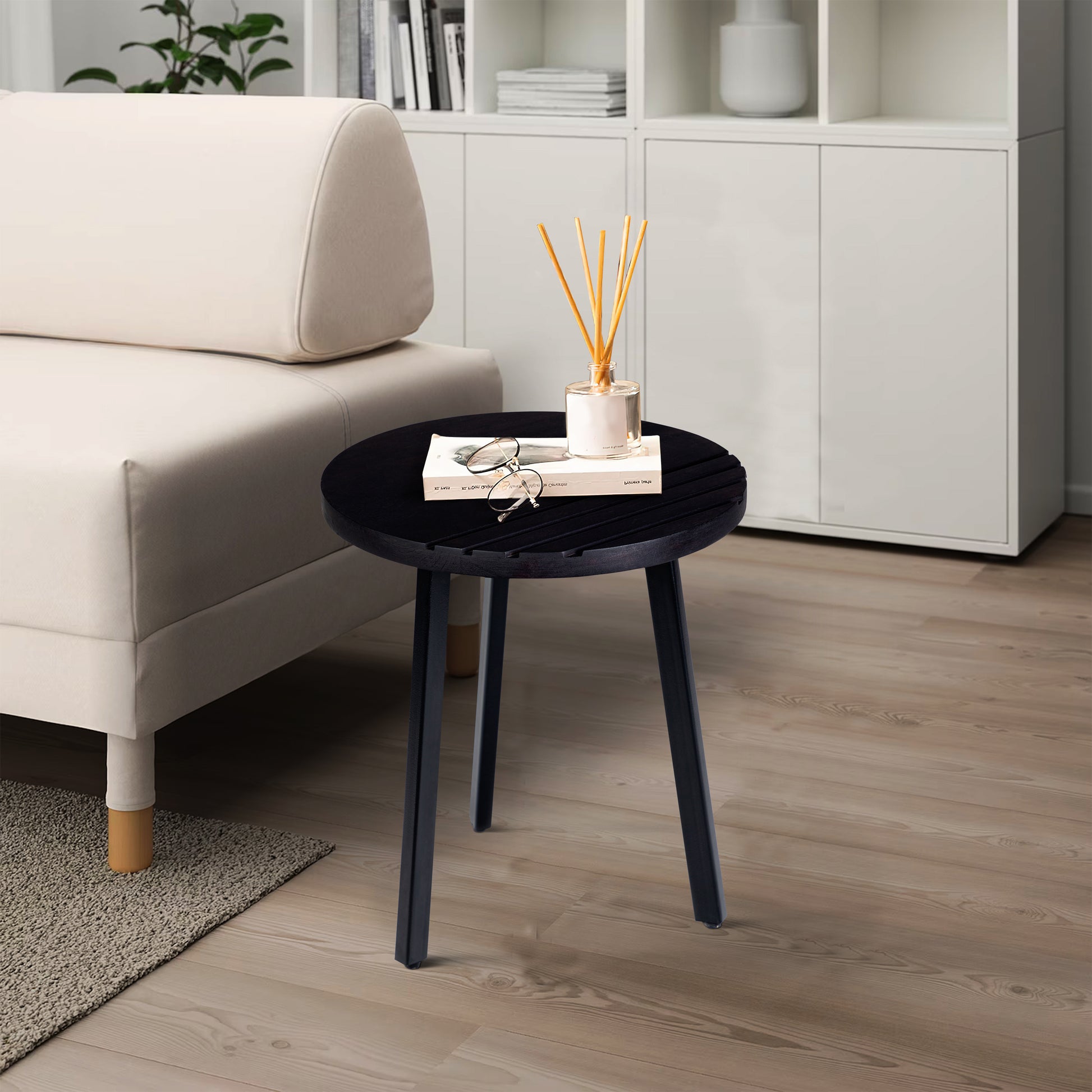 18 Inch Round Mango Wood Side End Table, Grooved Design, Metal Legs, Black Black Solid Wood