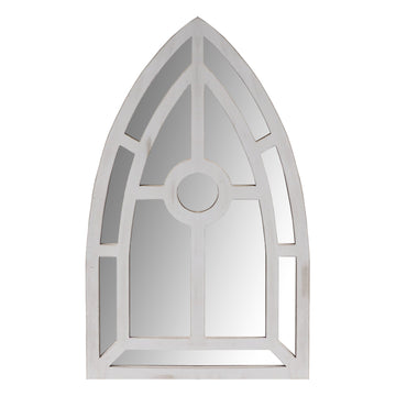 Arched Window Pane Wooden Wall Mirror With Trimmed Details, Silver Silver Mdf