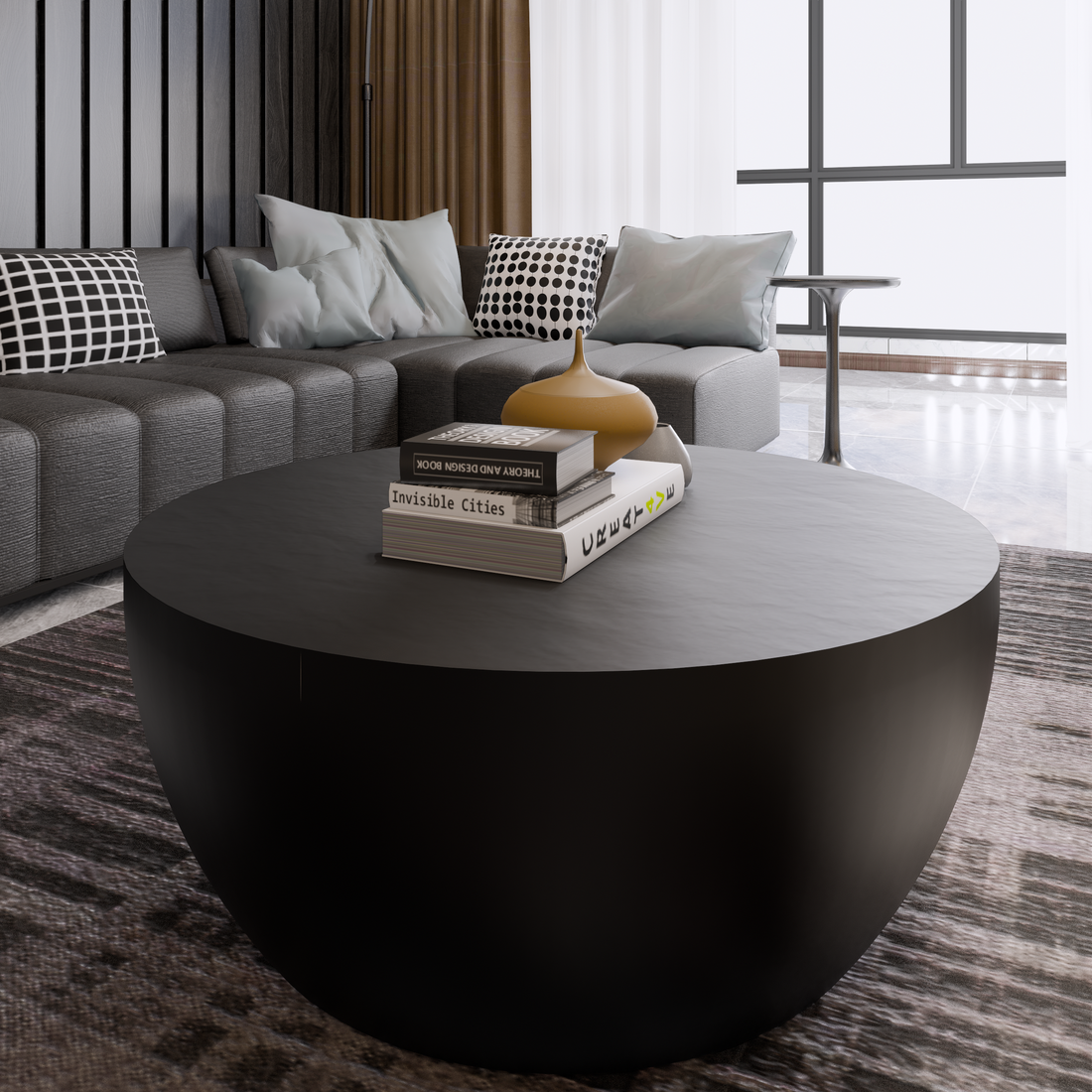 Contemporary Solid Wood Round Coffee Table, Round Drum Solid Wood Coffee Table Black Solid Wood