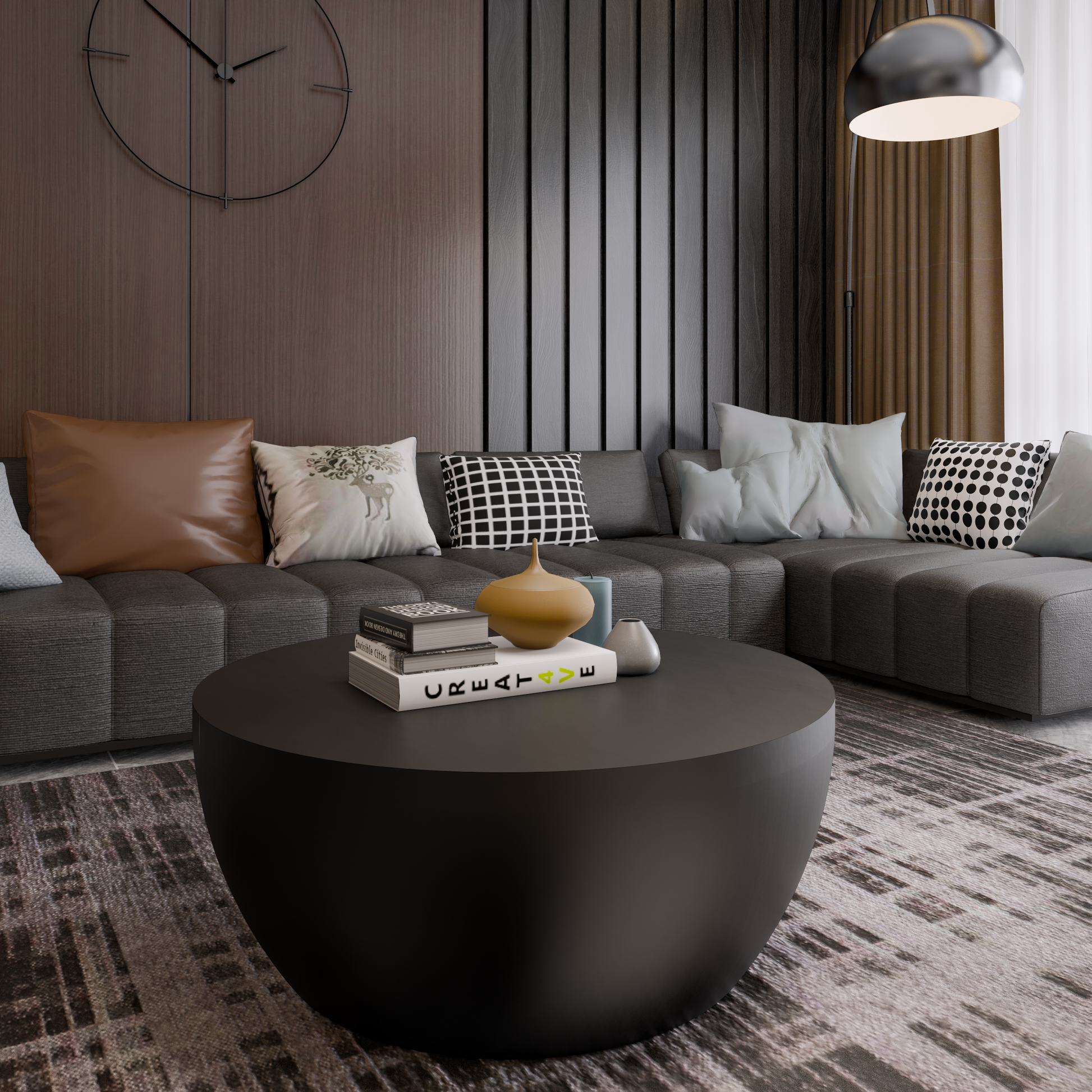 Contemporary Solid Wood Round Coffee Table, Round Drum Solid Wood Coffee Table Black Solid Wood