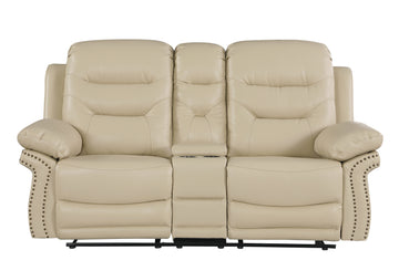 Leather Air Upholstered Reclining Console Loveseat With Fiber Back Beige Foam Leather