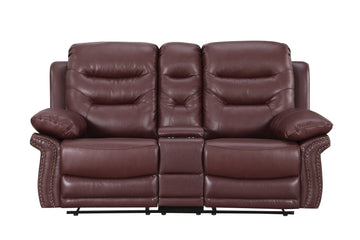 Leather Air Upholstered Reclining Console Loveseat With Fiber Back Burgundy Foam Leather