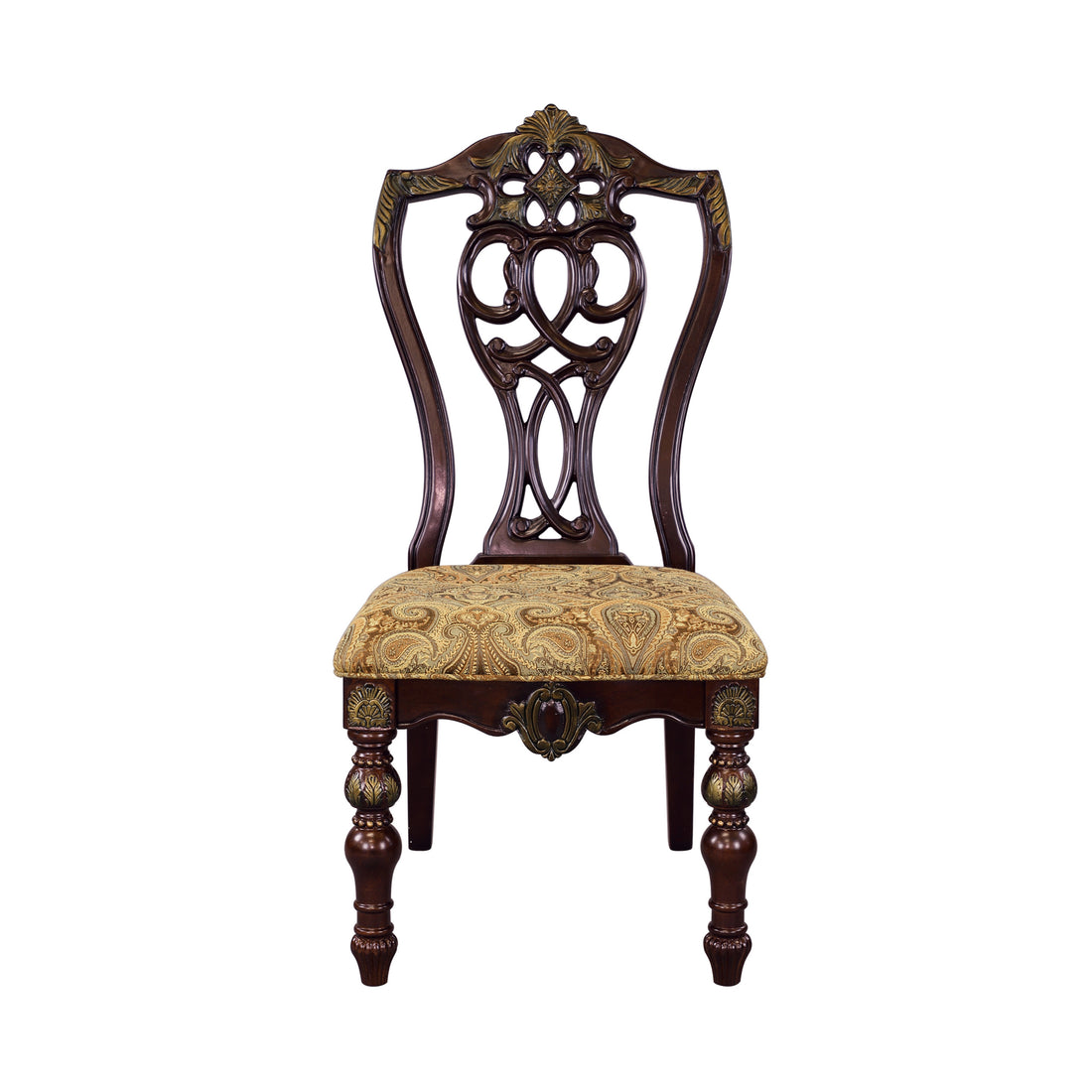 Formal Traditional Dining Chairs 2Pc Set Dark Cherry Finish With Gold Tipping Jacquard Fabric Upholstered Extravagant Carving Dining Room Furniture Cherry Dining Room European,Traditional Side Chair Wood