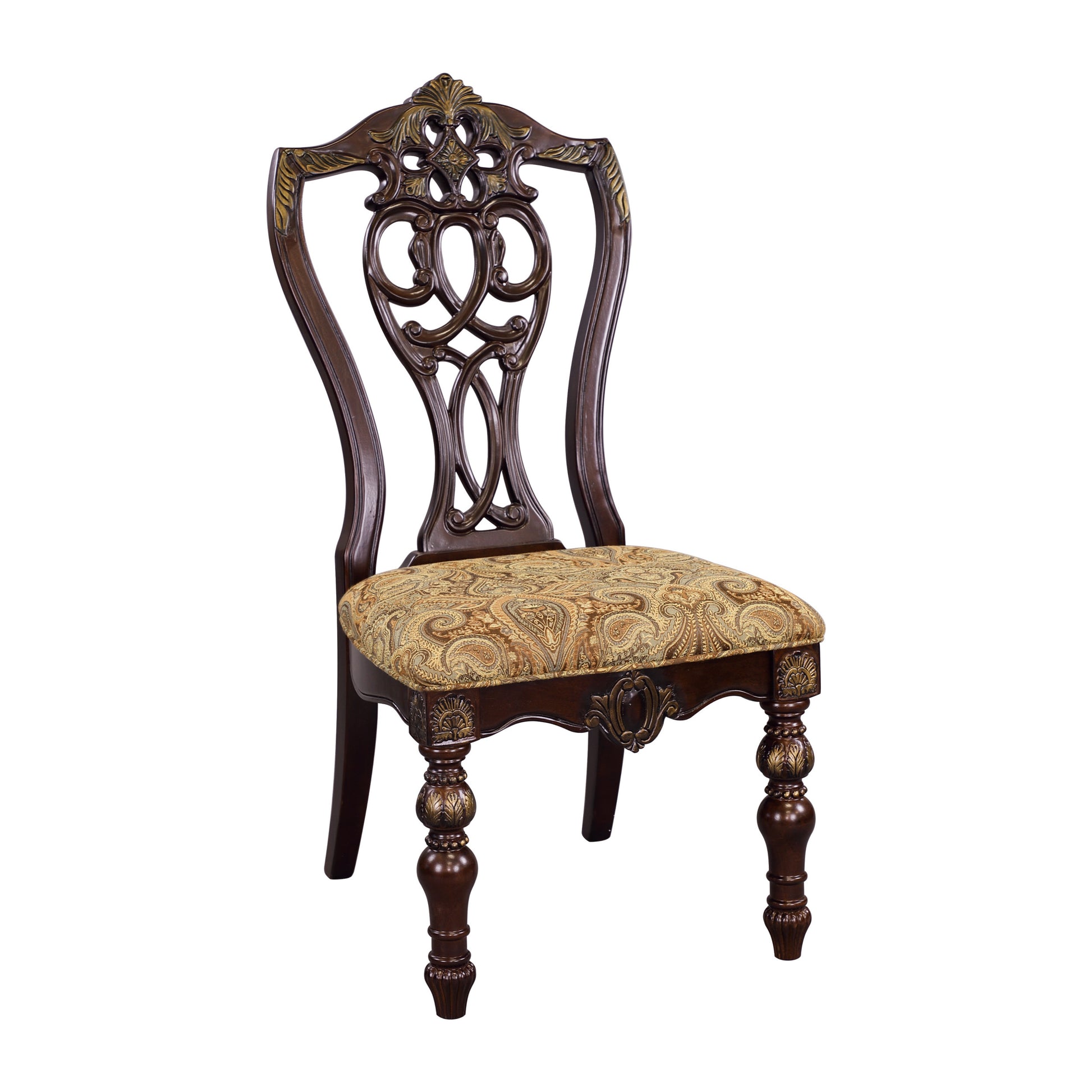 Formal Traditional Dining Chairs 2Pc Set Dark Cherry Finish With Gold Tipping Jacquard Fabric Upholstered Extravagant Carving Dining Room Furniture Cherry Dining Room European,Traditional Side Chair Wood