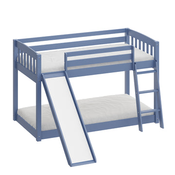 Kids Bunk Bed Twin Over Twin With Slide And Stairs, Heavy Duty Solid Wood Twin Bunk Beds, Toddler Bed Frame With Safety Guardrails, Blue Blue Solid Wood