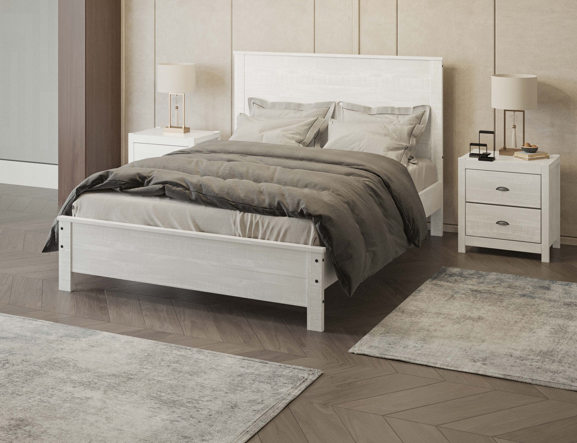 Albany 3 Piece Full Bed Set, Heavy Duty Solid Wood Full Size Bed Frame With Bedside Table Set Of 2, White White Solid Wood