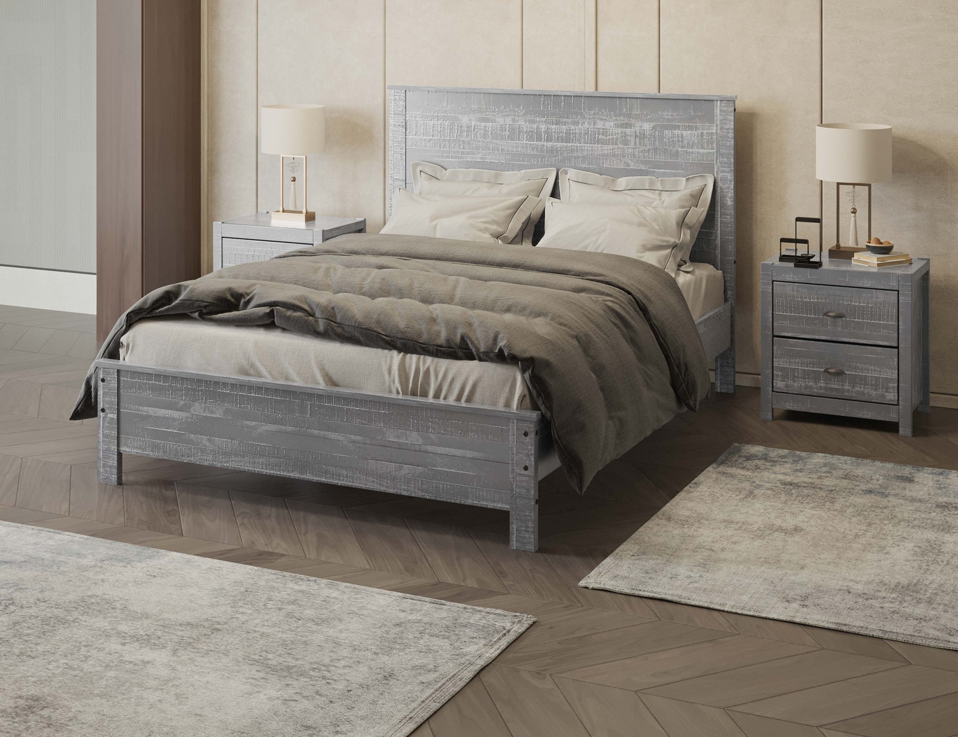 Albany 3 Piece Queen Bed Set, Heavy Duty Solid Wood Queen Size Bed Frame With Bedside Table Set Of 2, Grey Gray Solid Wood