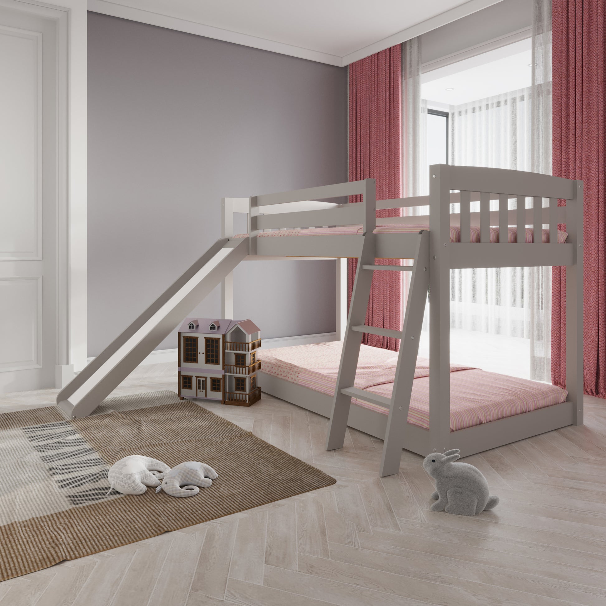 Kids Bunk Bed Twin Over Twin With Slide And Stairs, Heavy Duty Solid Wood Twin Bunk Beds, Toddler Bed Frame With Safety Guardrails, Grey Gray Solid Wood