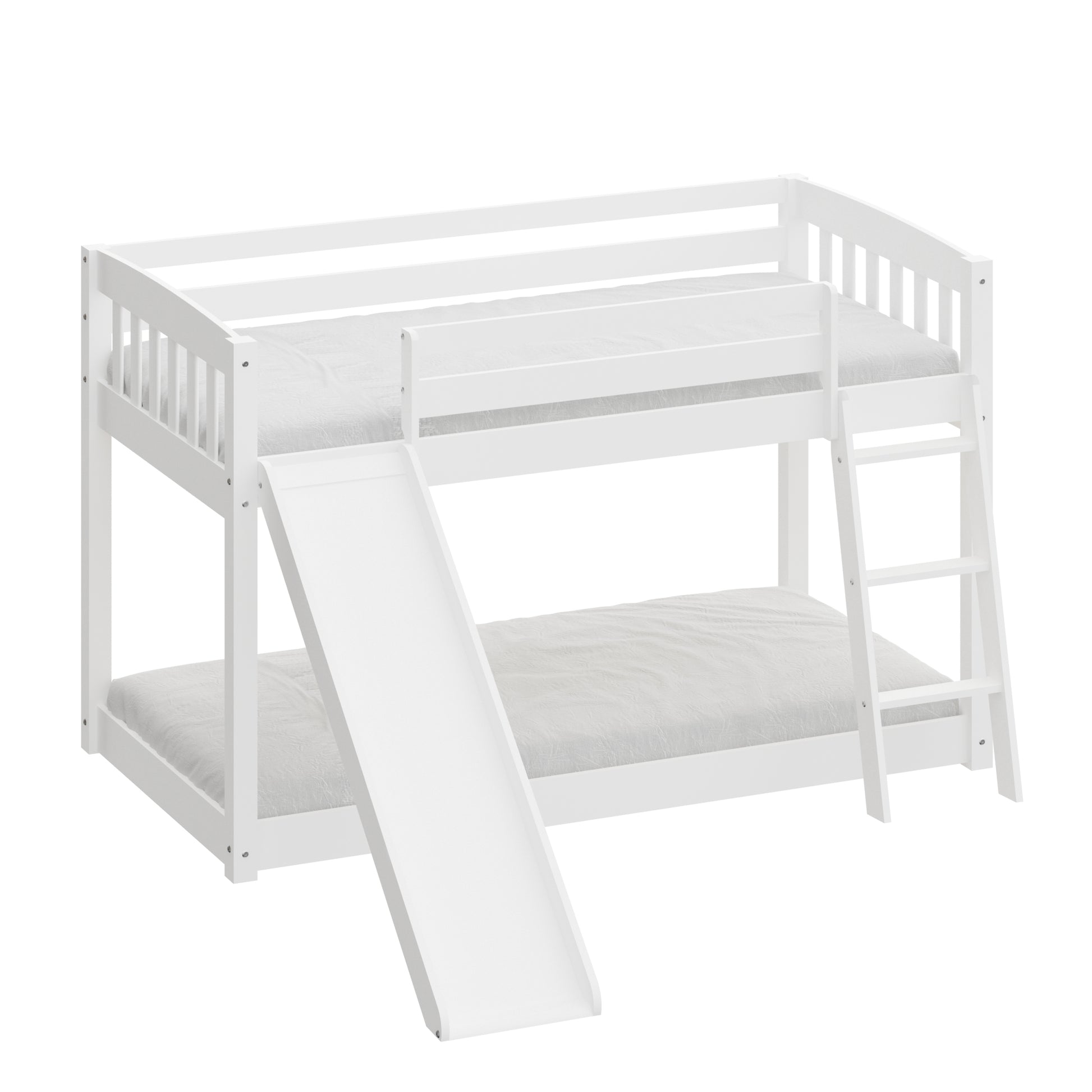 Kids Bunk Bed Twin Over Twin With Slide And Stairs, Heavy Duty Solid Wood Twin Bunk Beds, Toddler Bed Frame With Safety Guardrails, White White Solid Wood