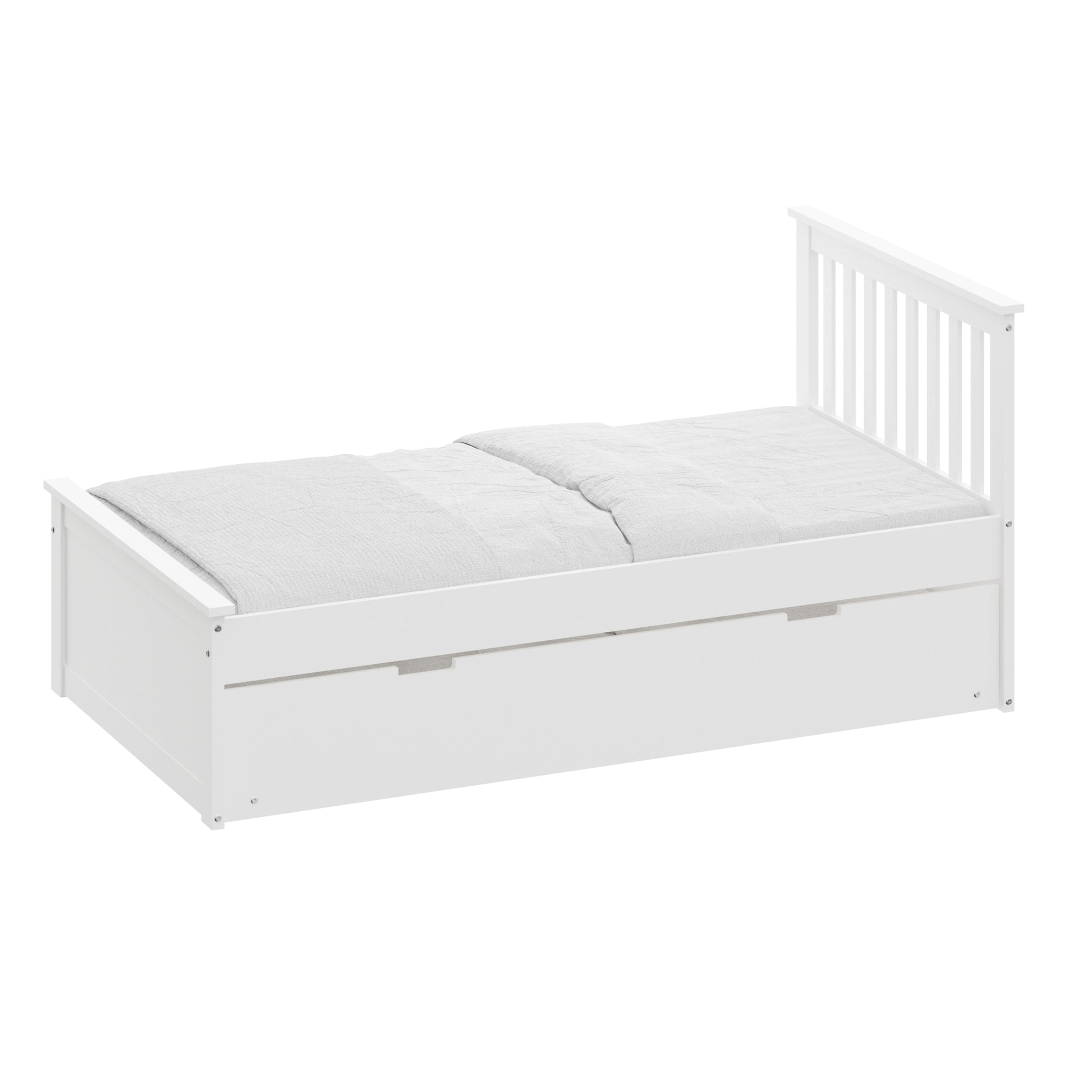 White Twin Trundle Bed, Heavy Duty Malibu Solid Wood Bed Frame With Twin Size Pull Out Toddler Trundle Bed For Kids White Solid Wood