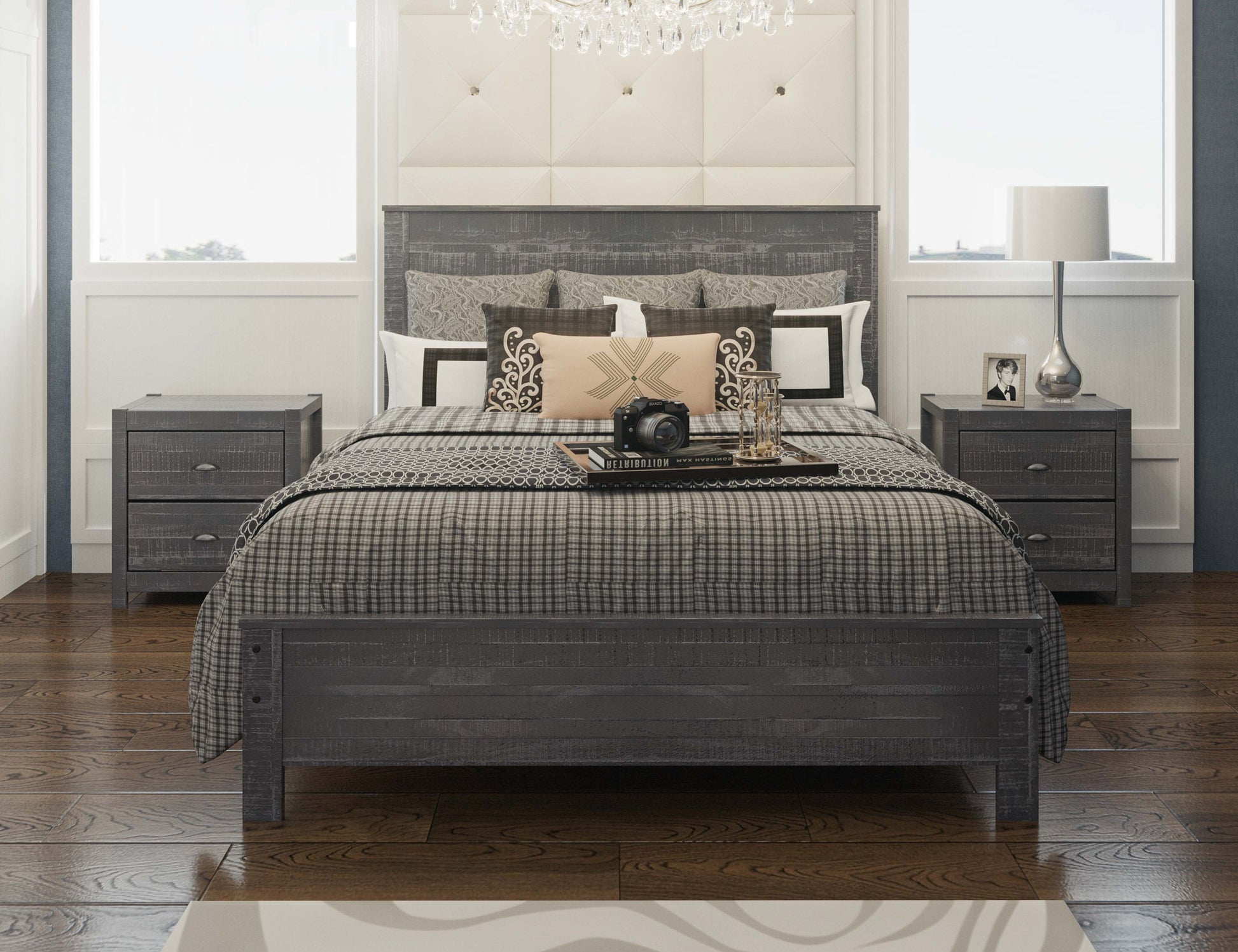 Albany 3 Piece Full Bed Set, Heavy Duty Solid Wood Full Size Bed Frame With Bedside Table Set Of 2, Grey Gray Solid Wood