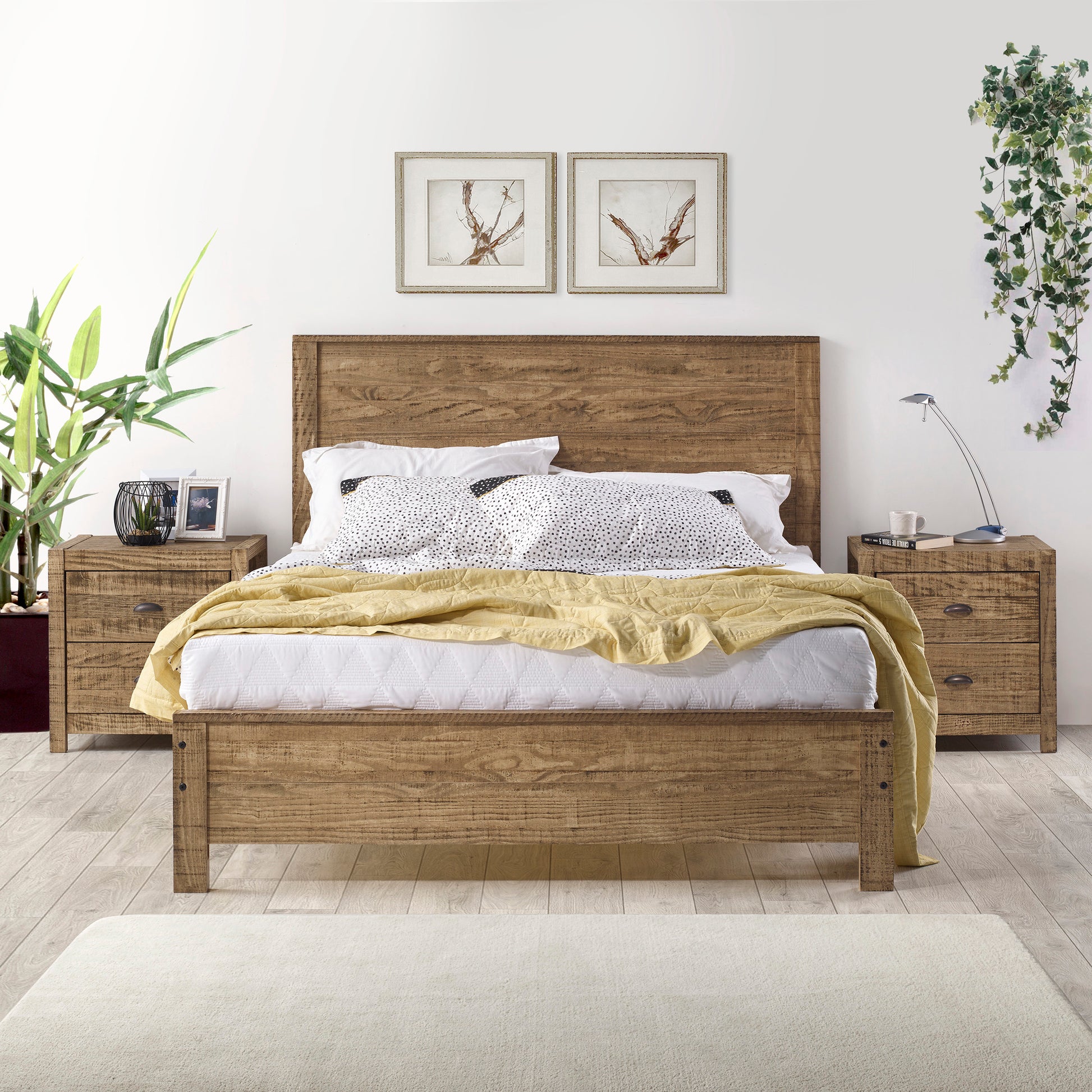 Albany 3 Piece Queen Bed Set, Heavy Duty Solid Wood Queen Size Bed Frame With Bedside Table Set Of 2, Walnut Walnut Solid Wood