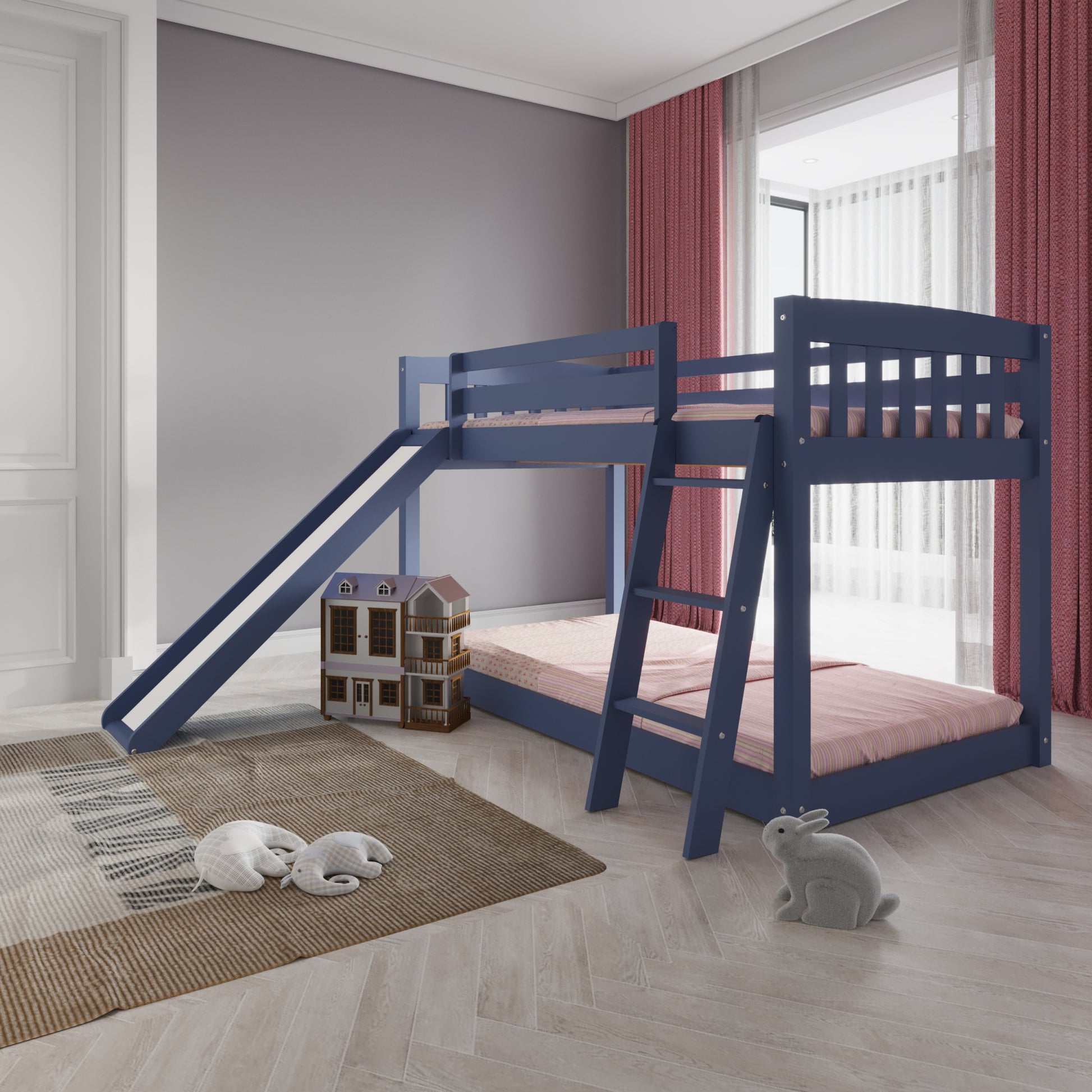 Kids Bunk Bed Twin Over Twin With Slide And Stairs, Heavy Duty Solid Wood Twin Bunk Beds, Toddler Bed Frame With Safety Guardrails, Blue Blue Solid Wood