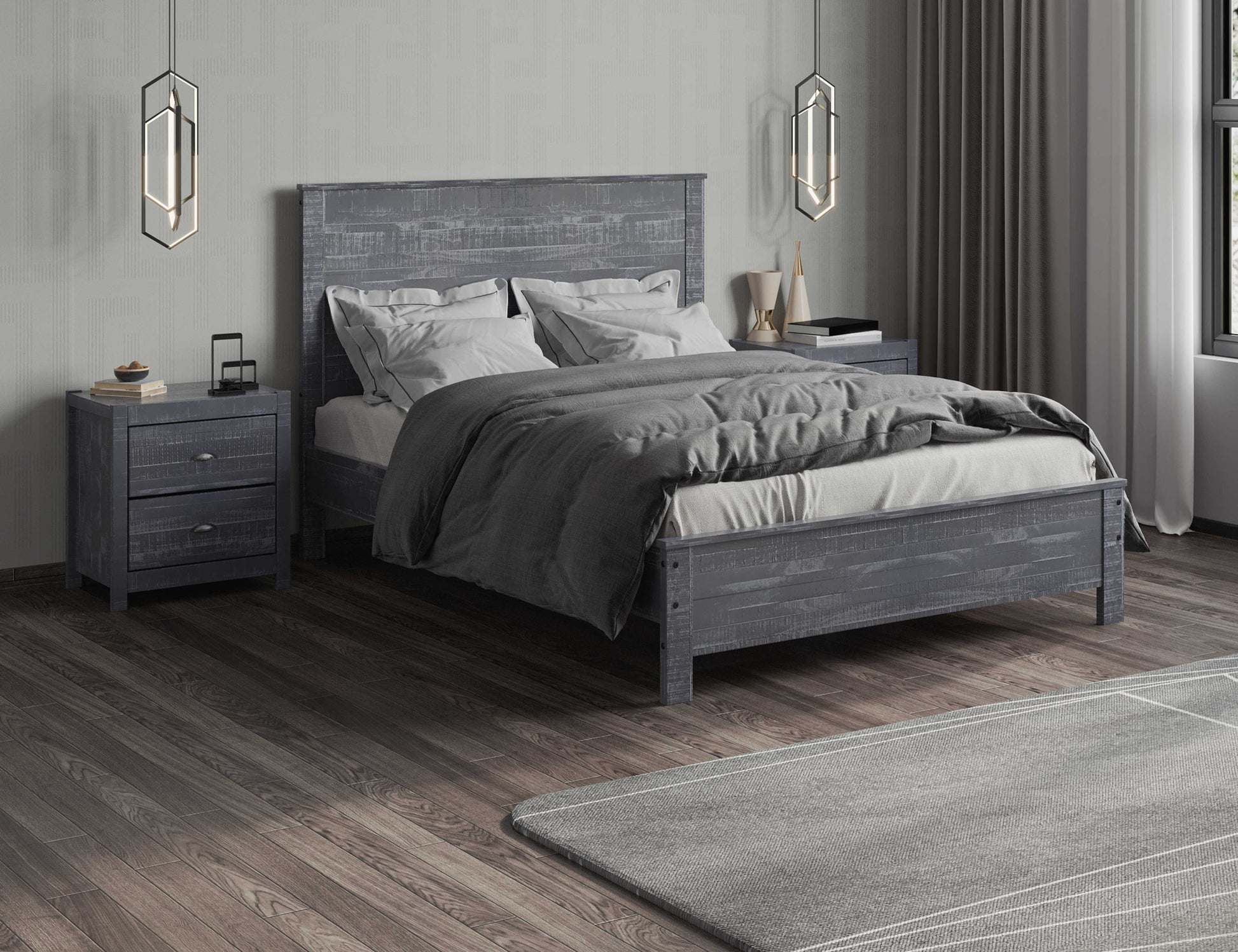 Albany 3 Piece Queen Bed Set, Heavy Duty Solid Wood Queen Size Bed Frame With Bedside Table Set Of 2, Grey Gray Solid Wood