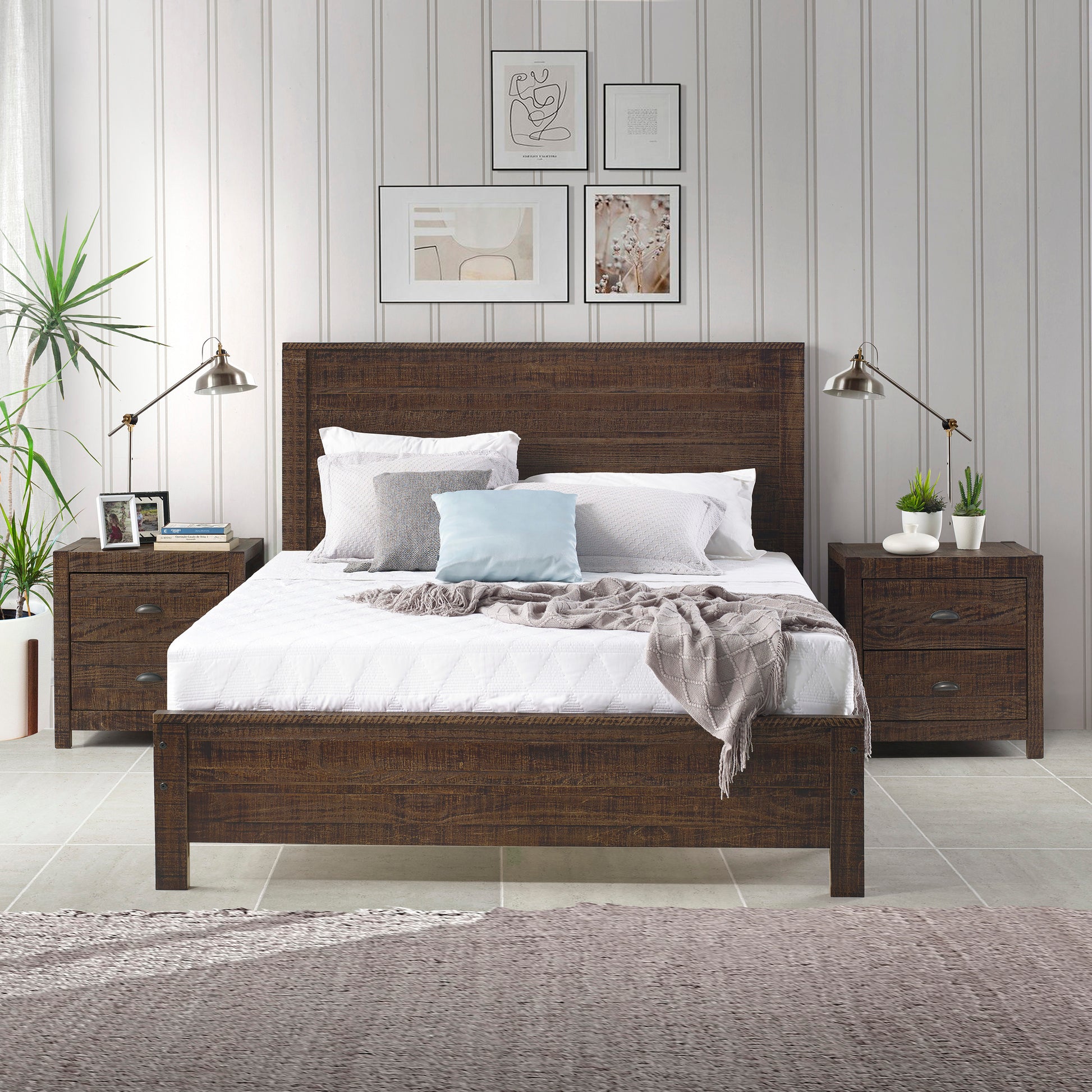 Albany 3 Piece Queen Bed Set, Heavy Duty Solid Wood Queen Size Bed Frame With Bedside Table Set Of 2, Espresso Espresso Solid Wood