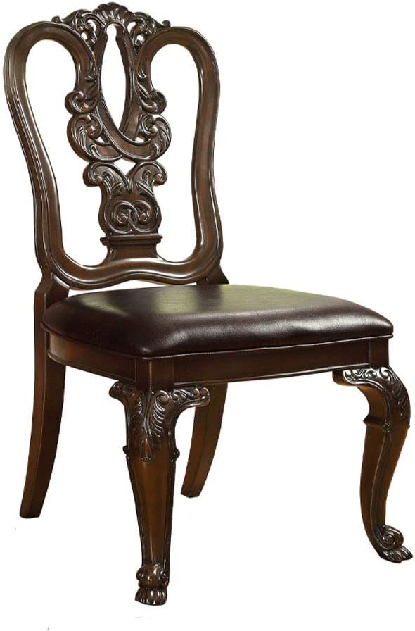 Traditional Intricate Back Design Set Of 2 Side Chairs Brown Cherry Solid Wood Chair Paddedseat Kitchen Dining Room Furniture Dark Brown Brown Dining Room Luxury,Traditional Dining Chairs Rubberwood