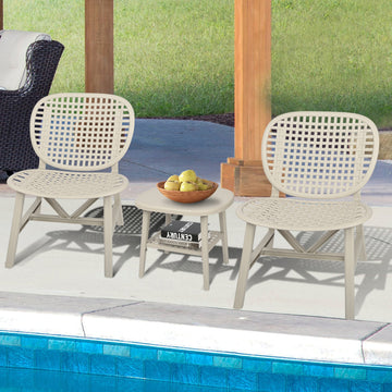 3 Pieces Hollow Design Retro Patio Table Chair Set All Weather Conversation Bistro Set Outdoor Table With Open Shelf And Lounge Chairs With Widened Seat For Balcony Garden Yard White White Polypropylene