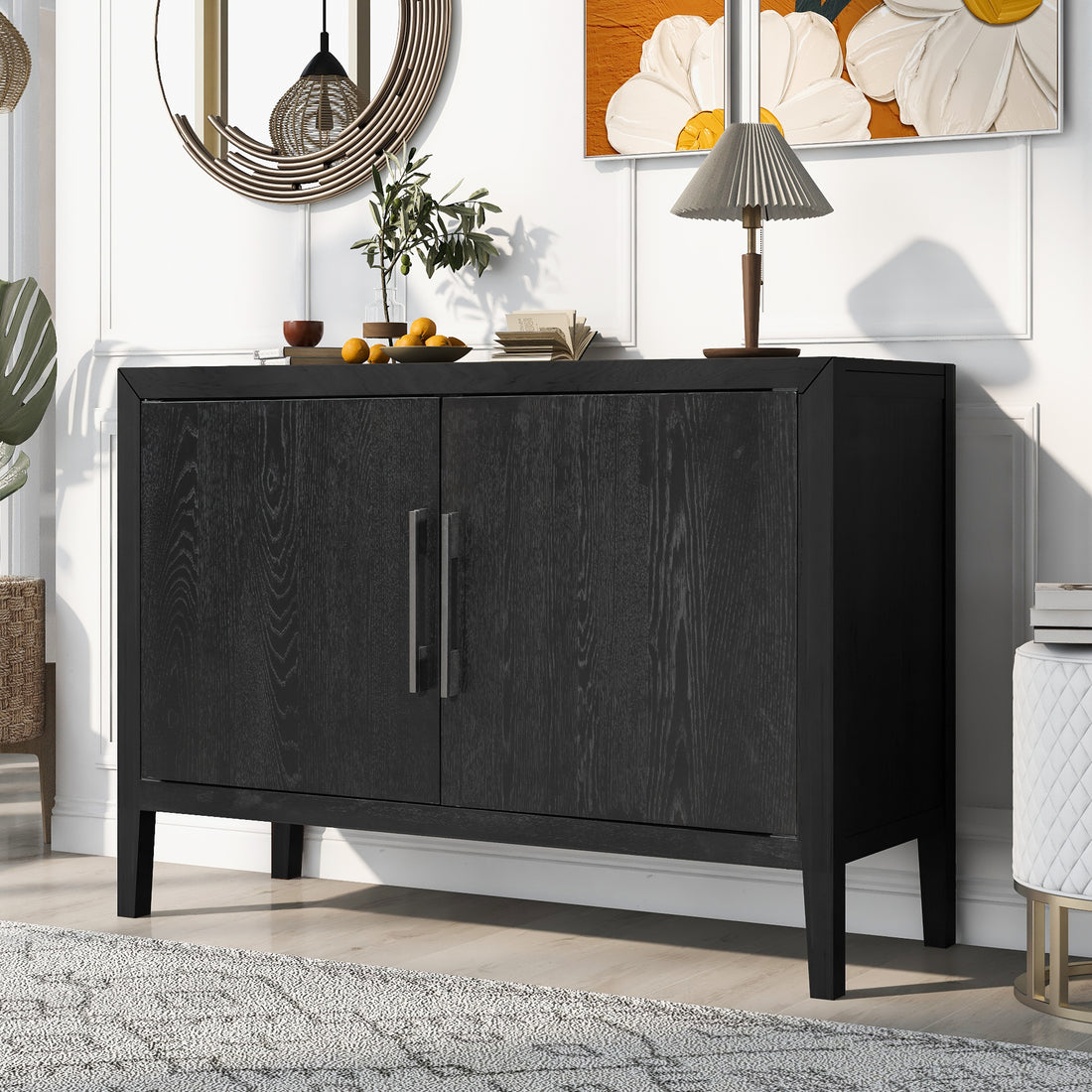 Storage Cabinet Sideboard Wooden Cabinet With 2 Metal Handles And 2 Doors For Hallway, Entryway, Living Room Black Mdf