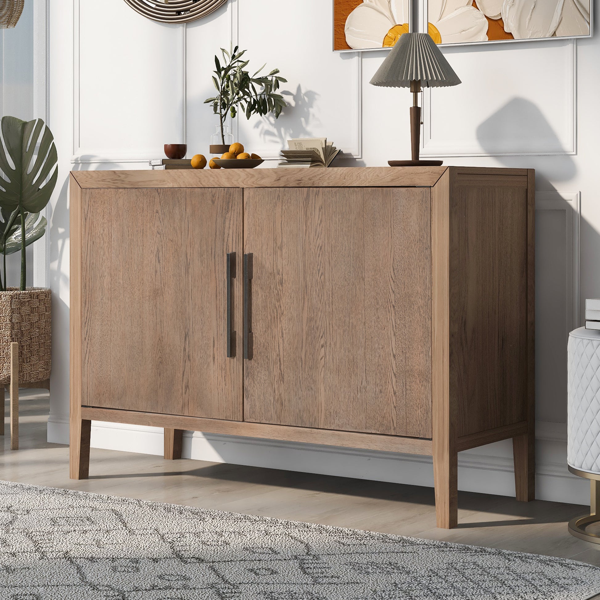 Storage Cabinet Sideboard Wooden Cabinet With 2 Metal Handles And 2 Doors For Hallway, Entryway, Living Room Beige Mdf