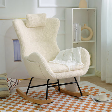 Rocking Chair Nursery, Teddy Upholstered Rocker Glider Chair With High Backrest, Adjustable Headrest & Pocket, Comfy Glider Chair For Nursery, Bedroom, Living Room, Offices, Rubber Wood, Beige Beige Polyester