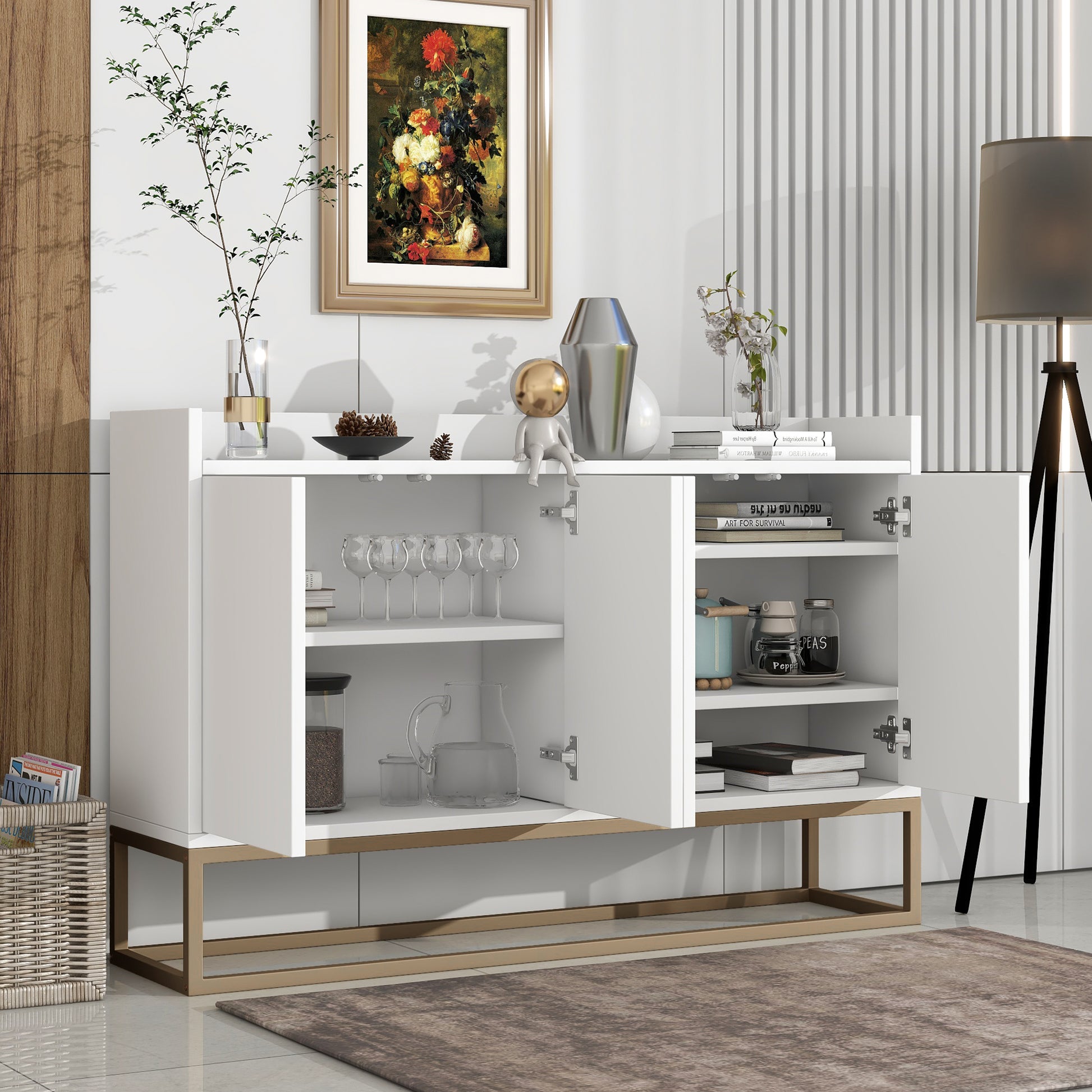 Modern Sideboard Elegant Buffet Cabinet With Large Storage Space For Dining Room, Entryway White White Particle Board